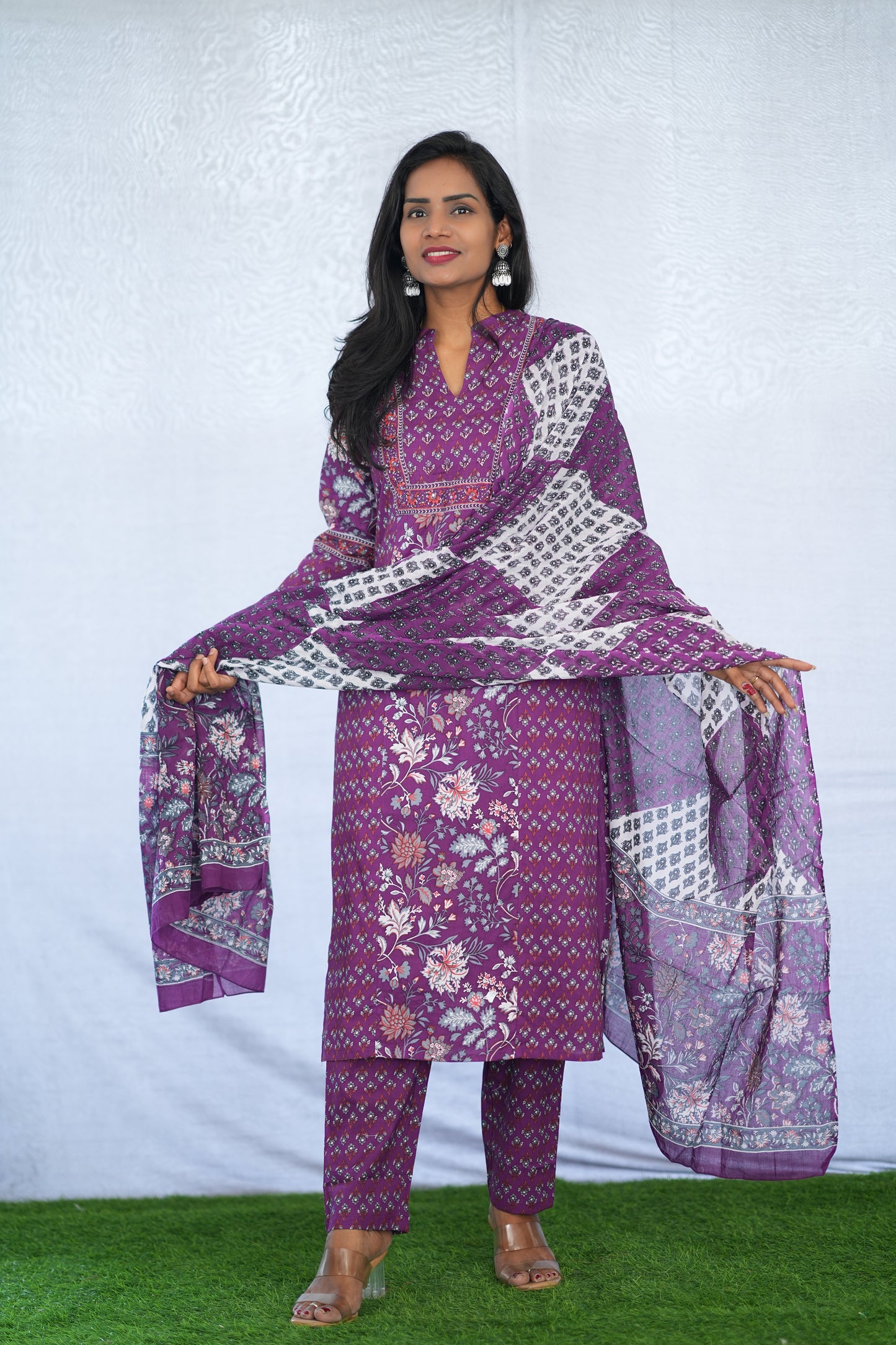 Purple Color Jaipuri Cotton 3 Piece Set With Block Print and Complete Lining