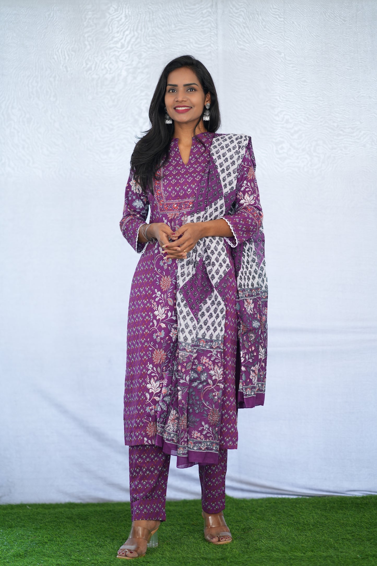 Purple Color Jaipuri Cotton 3 Piece Set With Block Print and Complete Lining