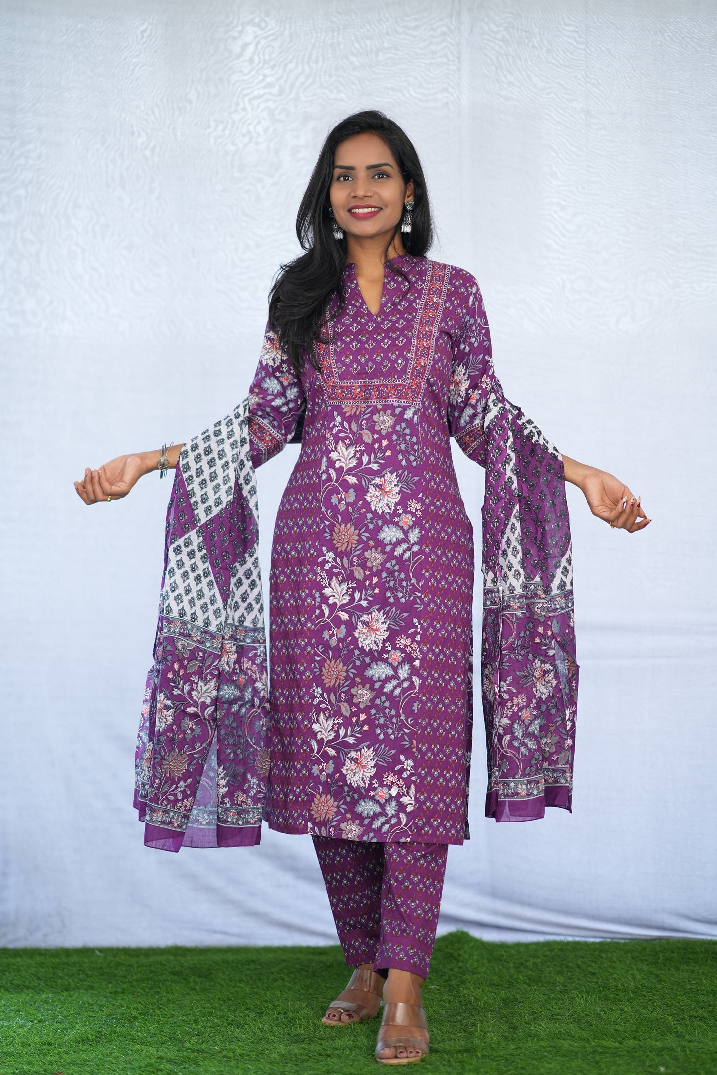 Purple Color Jaipuri Cotton 3 Piece Set With Block Print and Complete Lining
