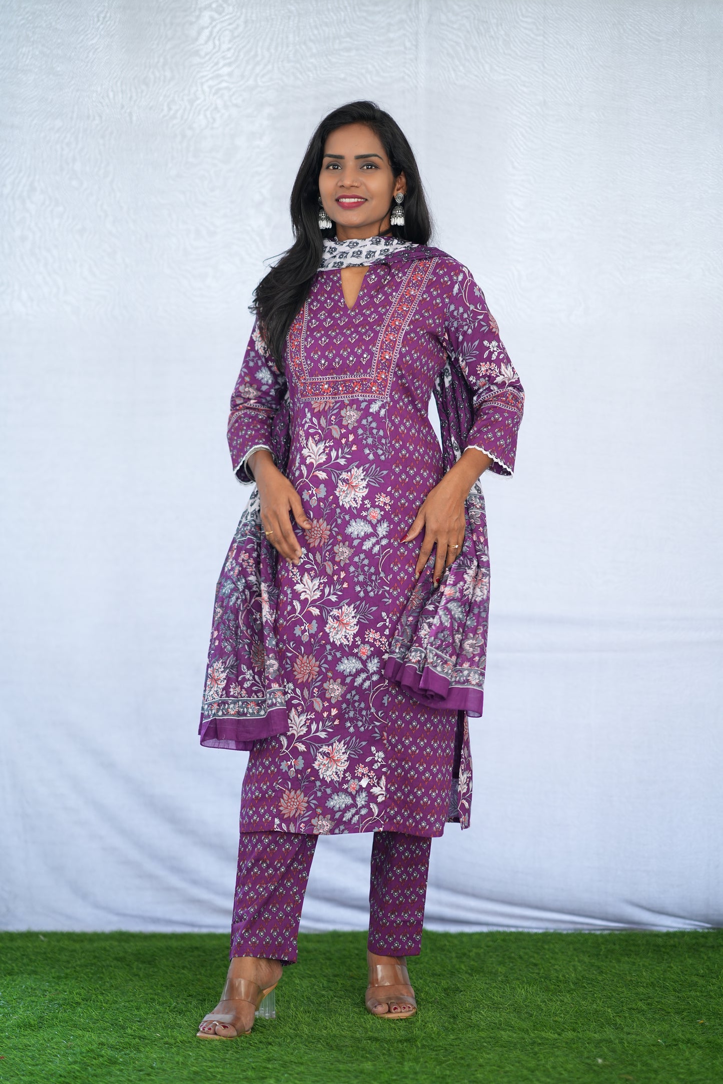 Purple Color Jaipuri Cotton 3 Piece Set With Block Print and Complete Lining