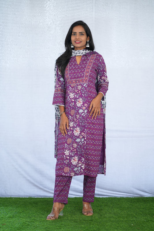 Purple Color Jaipuri Cotton 3 Piece Set With Block Print and Complete Lining