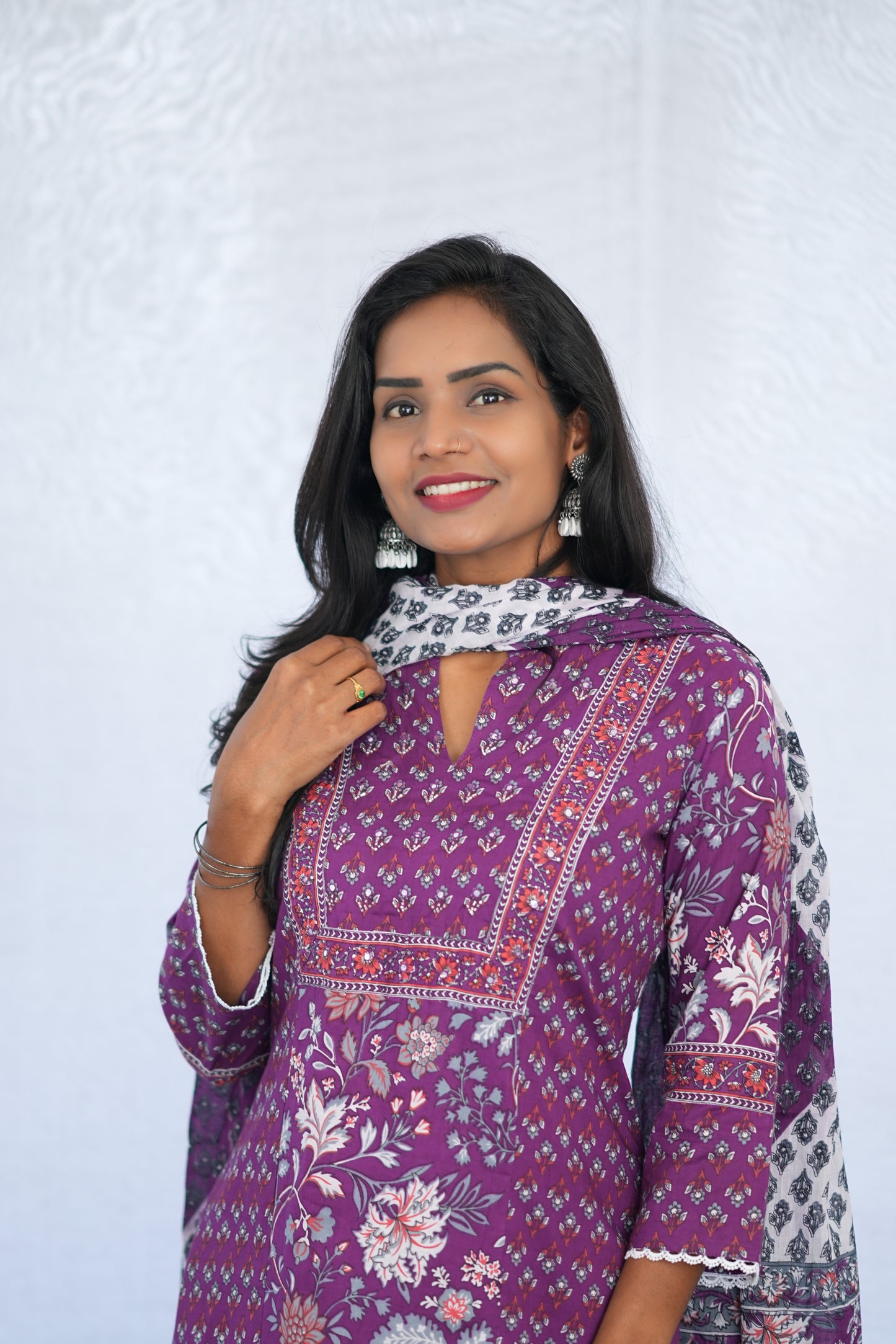 Purple Color Jaipuri Cotton 3 Piece Set With Block Print and Complete Lining