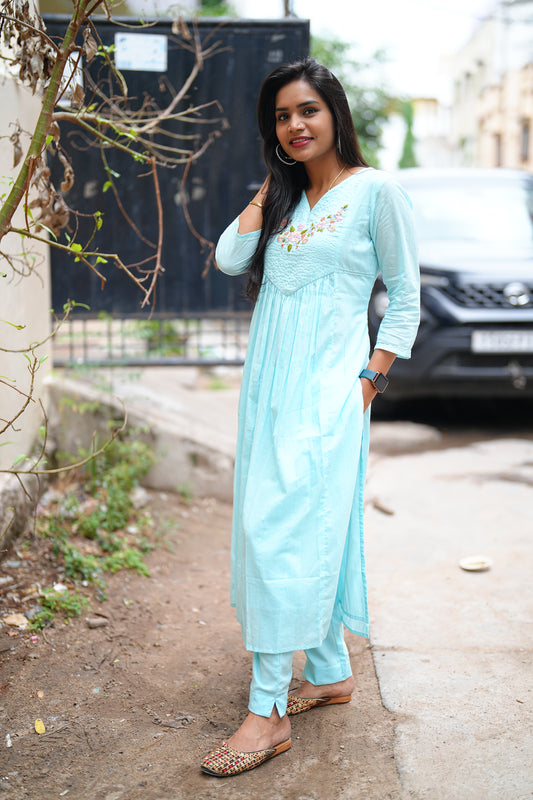 Sea Blue Pure Jaipur Mul Mul Cotton Cordset With Complete Lining