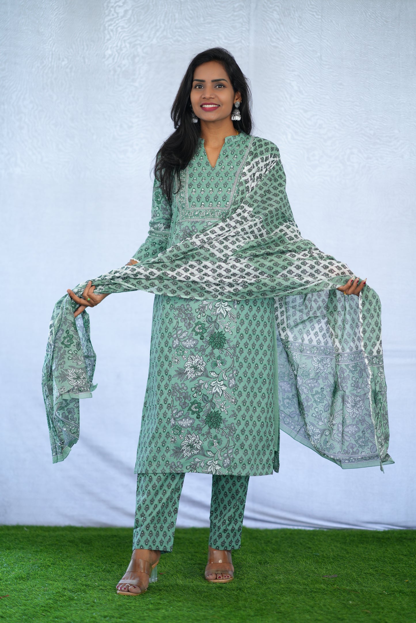Green Color Jaipur Cotton 3 Piece Set With Block Print and Complete Lining
