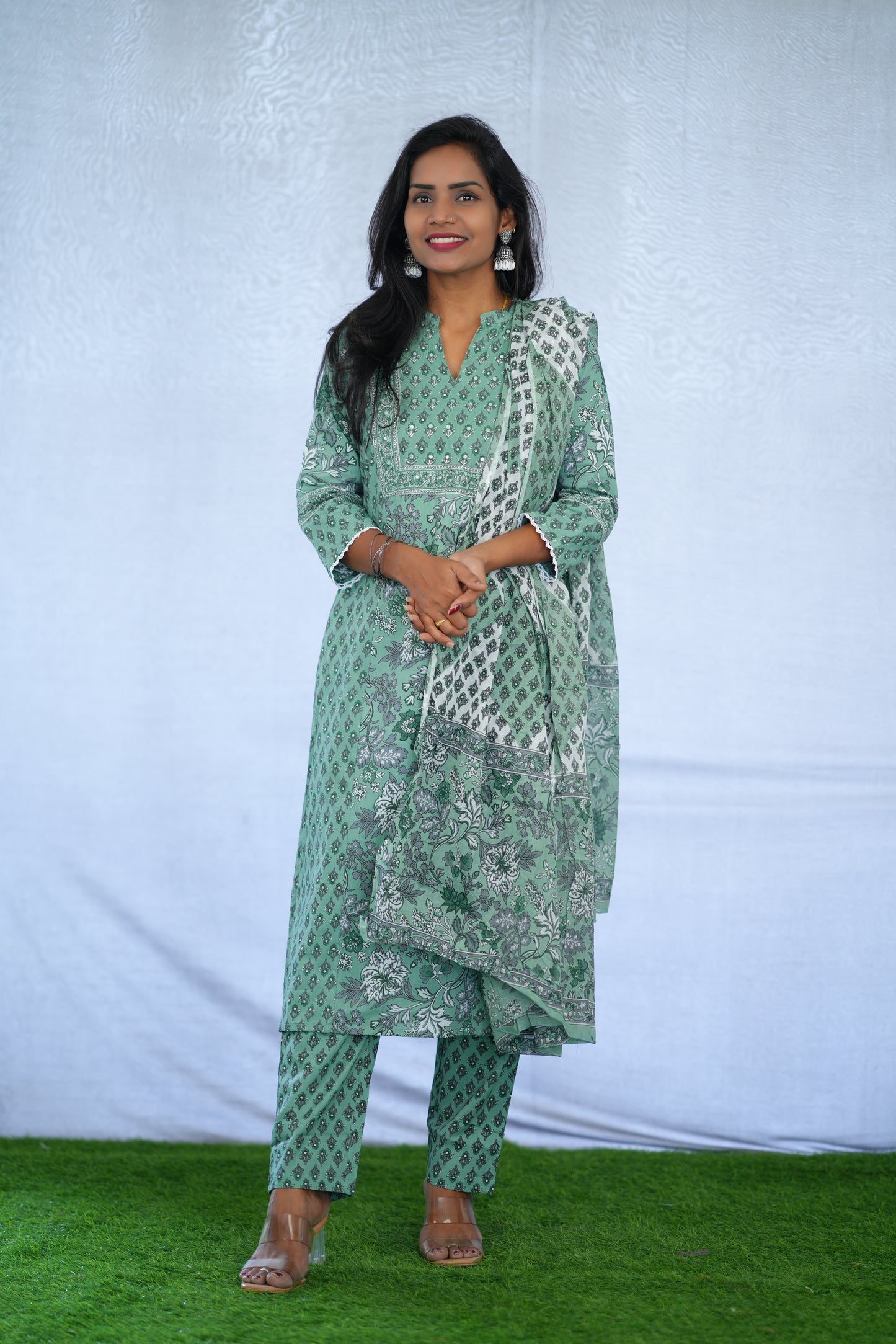 Green Color Jaipur Cotton 3 Piece Set With Block Print and Complete Lining