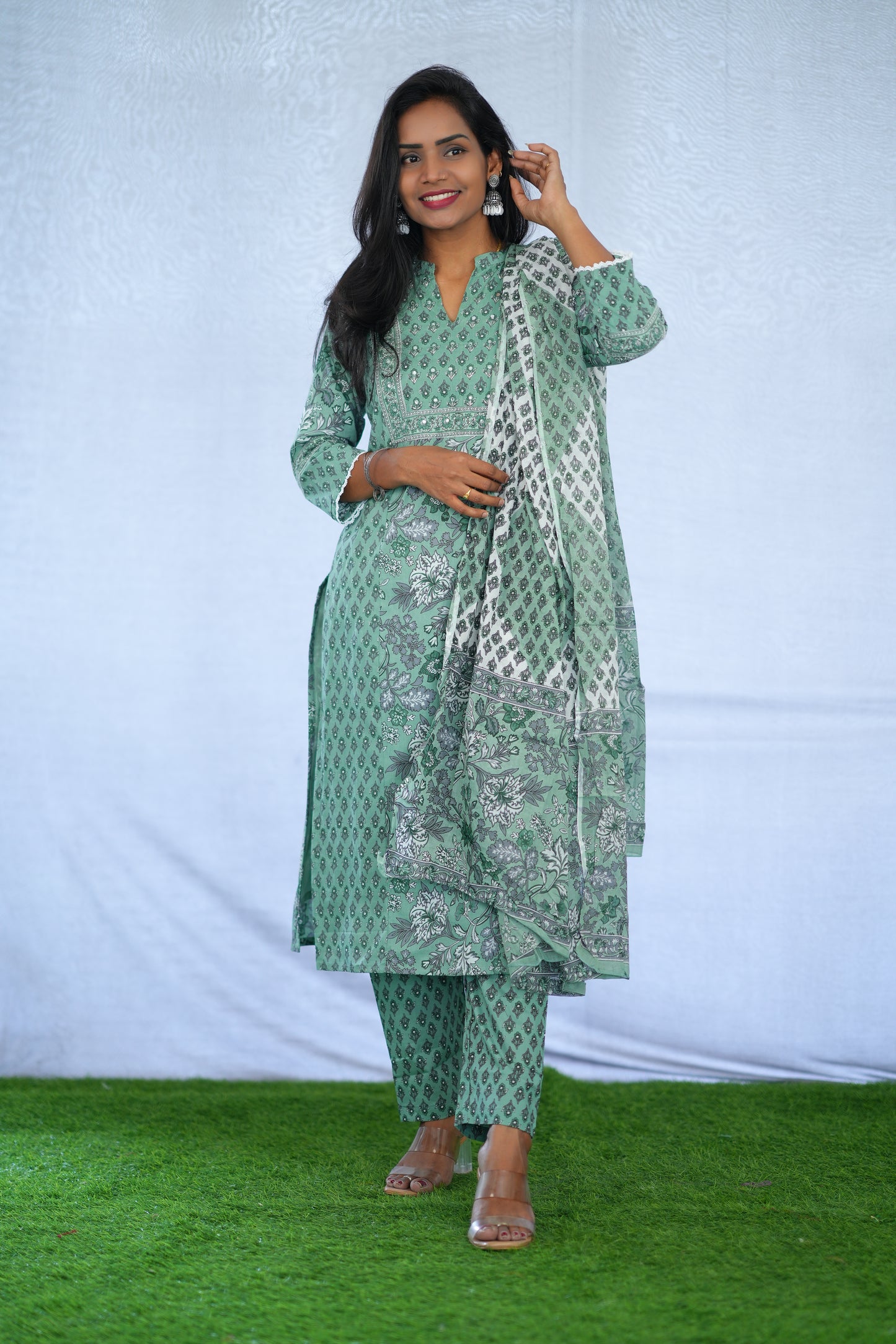 Green Color Jaipur Cotton 3 Piece Set With Block Print and Complete Lining