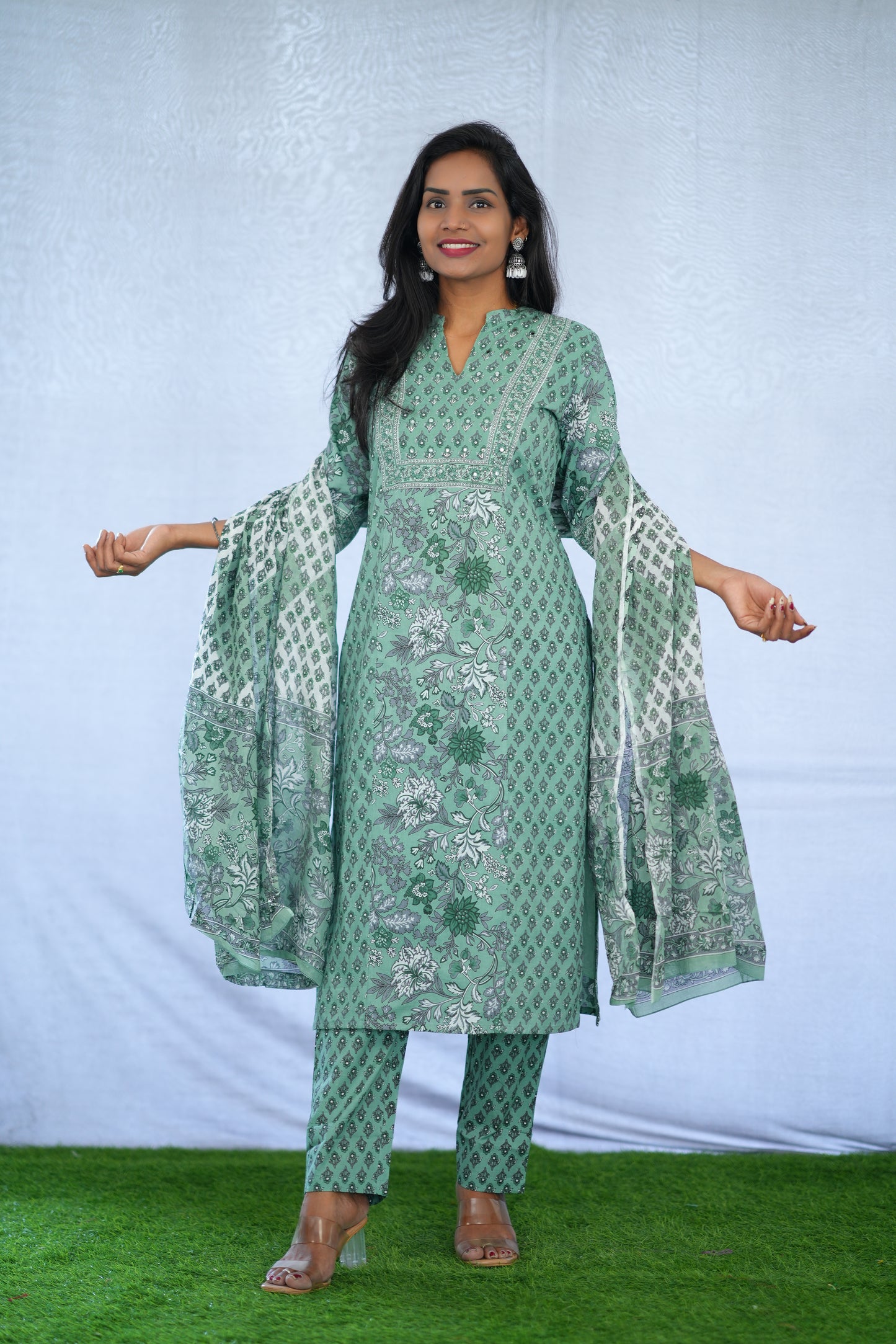 Green Color Jaipur Cotton 3 Piece Set With Block Print and Complete Lining