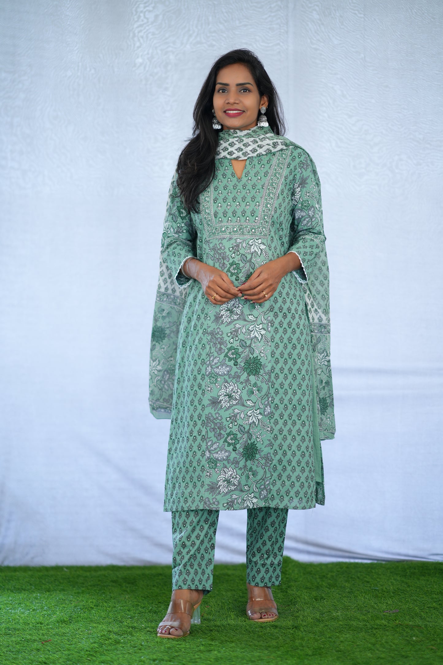 Green Color Jaipur Cotton 3 Piece Set With Block Print and Complete Lining