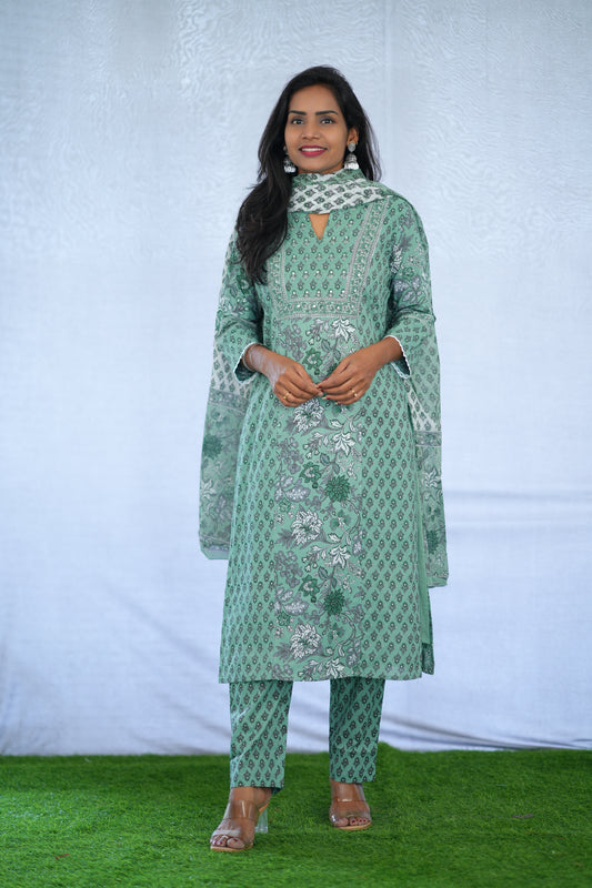 Green Color Jaipur Cotton 3 Piece Set With Block Print and Complete Lining