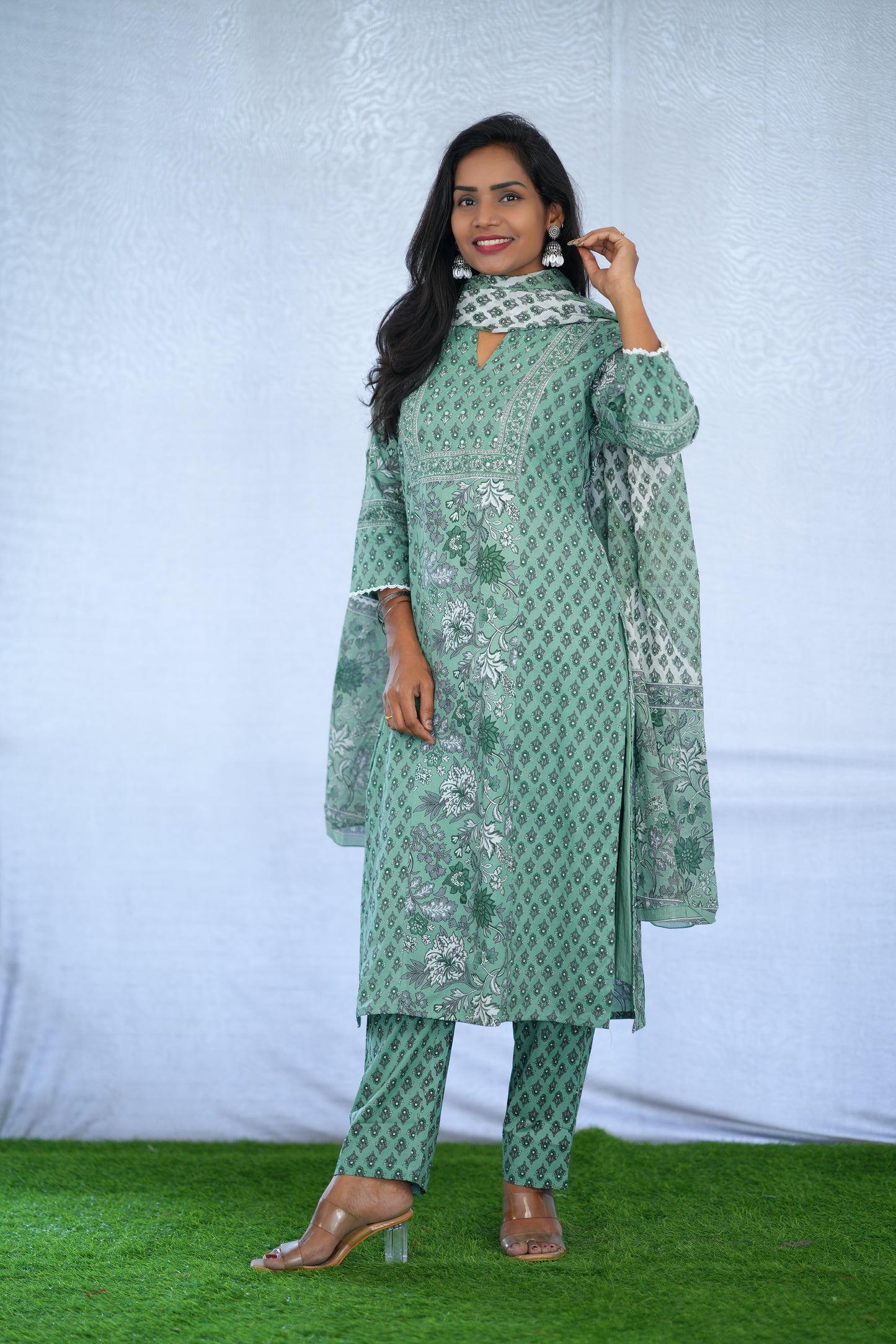 Green Color Jaipur Cotton 3 Piece Set With Block Print and Complete Lining