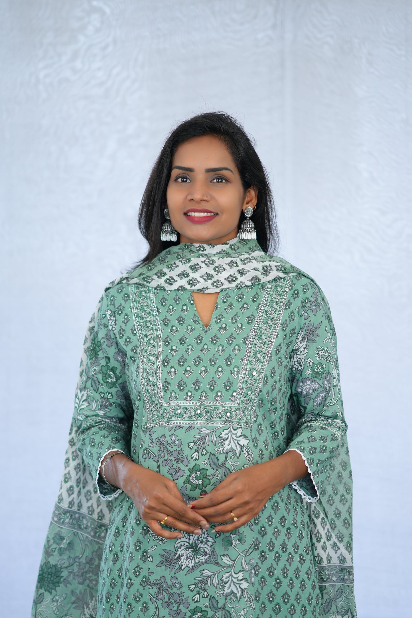 Green Color Jaipur Cotton 3 Piece Set With Block Print and Complete Lining