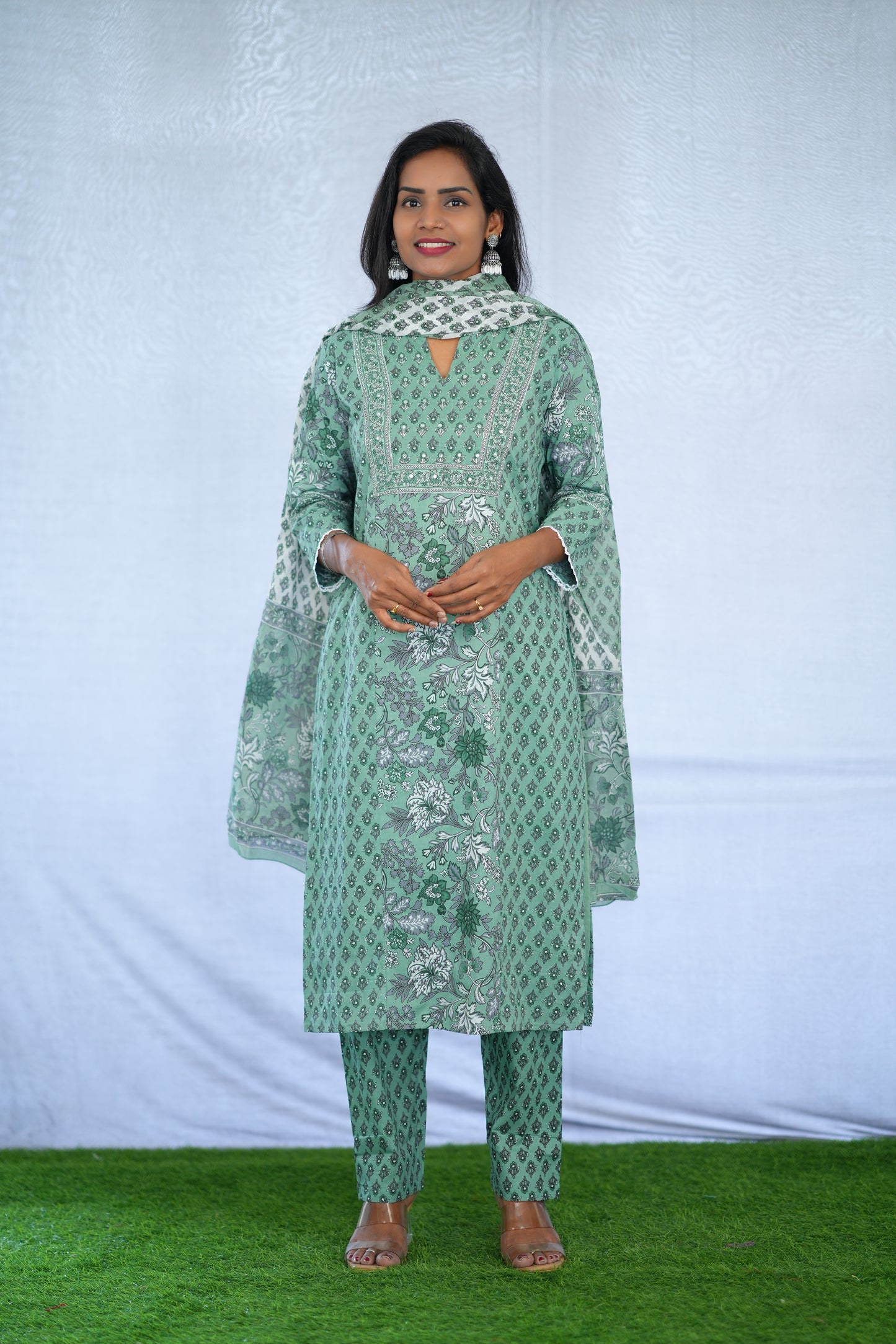 Green Color Jaipur Cotton 3 Piece Set With Block Print and Complete Lining