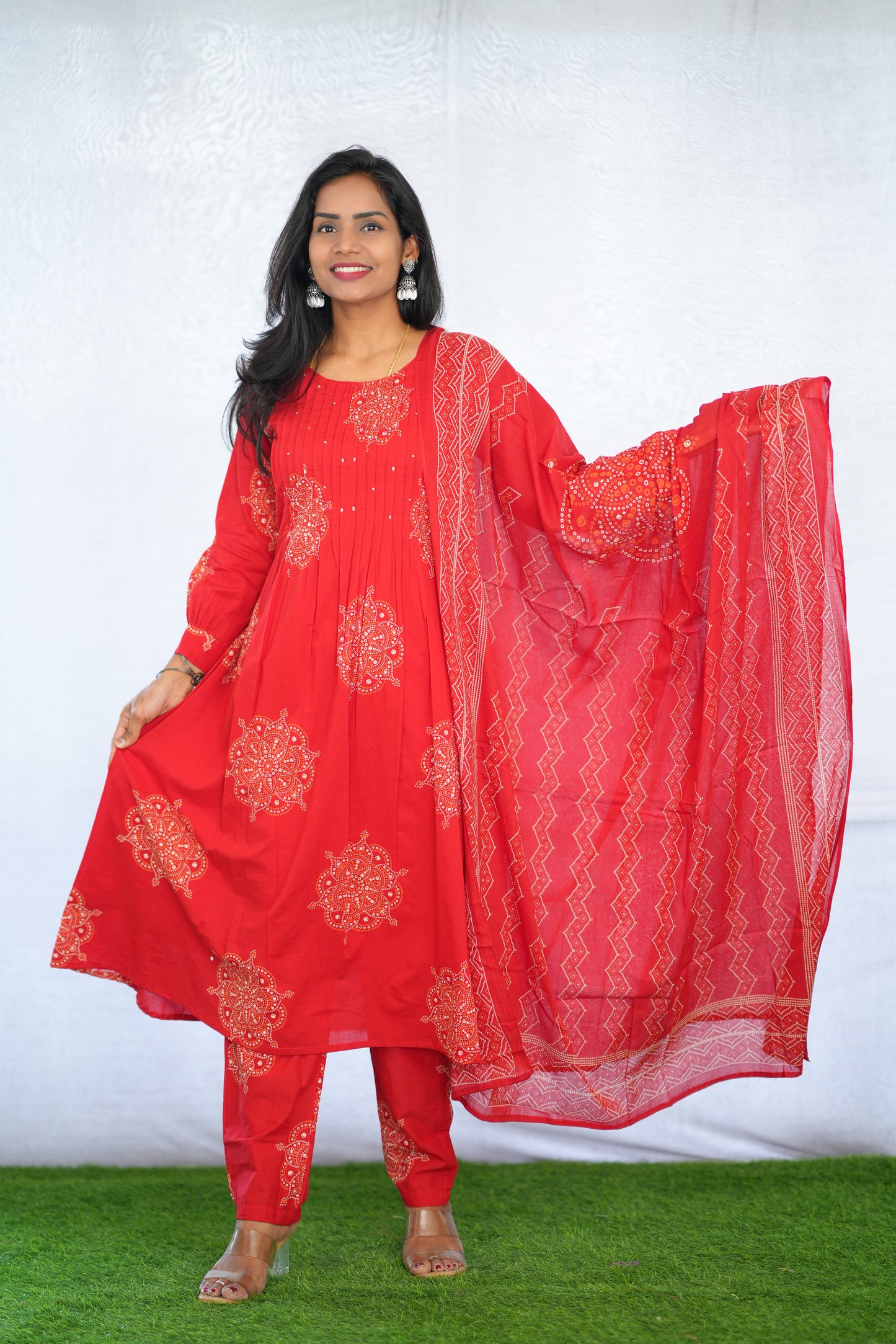 Red Color Mul Cotton 3 Piece Set With Bandhani Print and Complete Lining