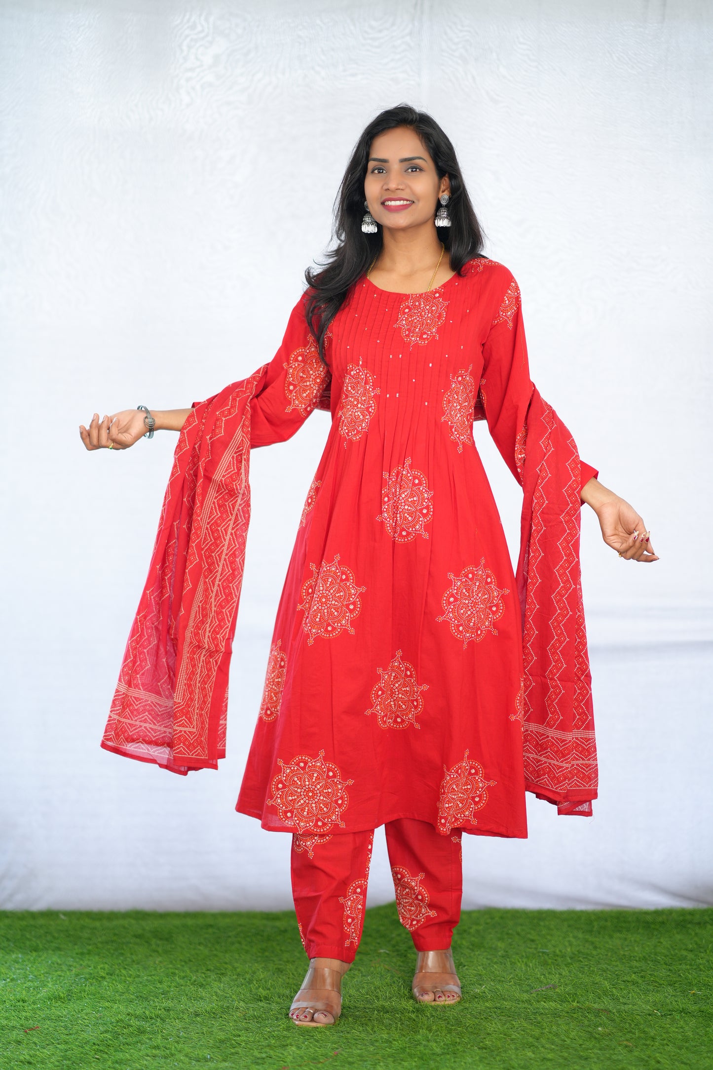 Red Color Mul Cotton 3 Piece Set With Bandhani Print and Complete Lining