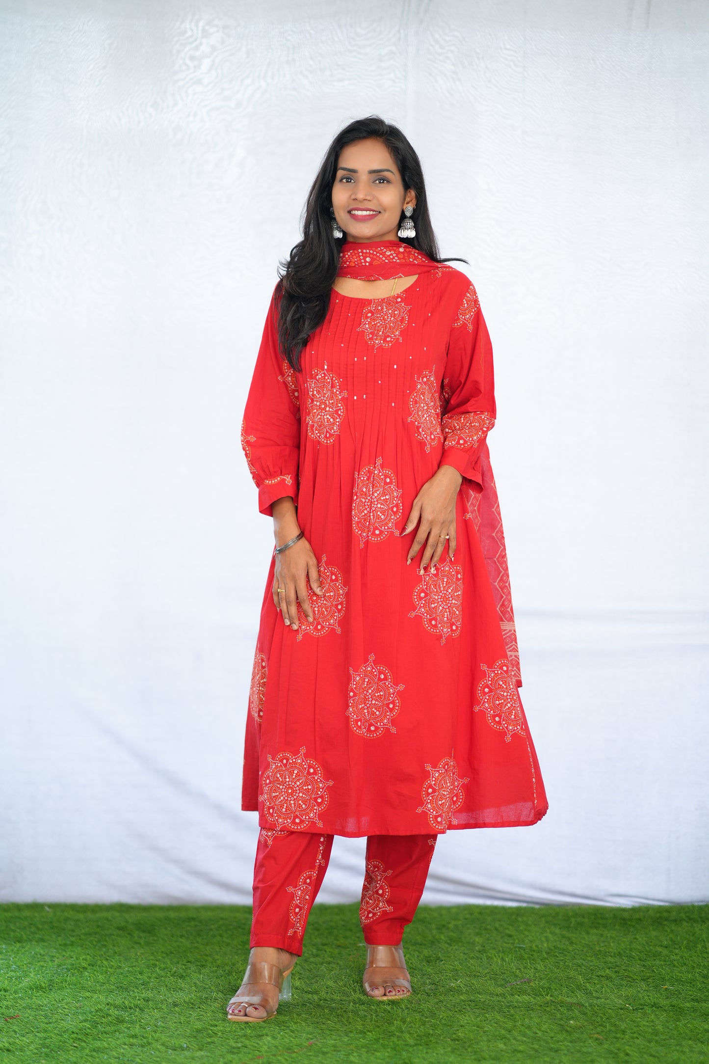 Red Color Mul Cotton 3 Piece Set With Bandhani Print and Complete Lining