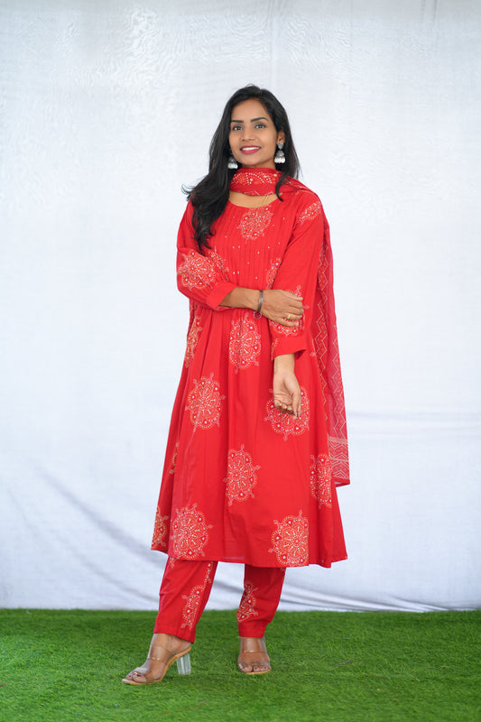 Red Color Mul Cotton 3 Piece Set With Bandhani Print and Complete Lining