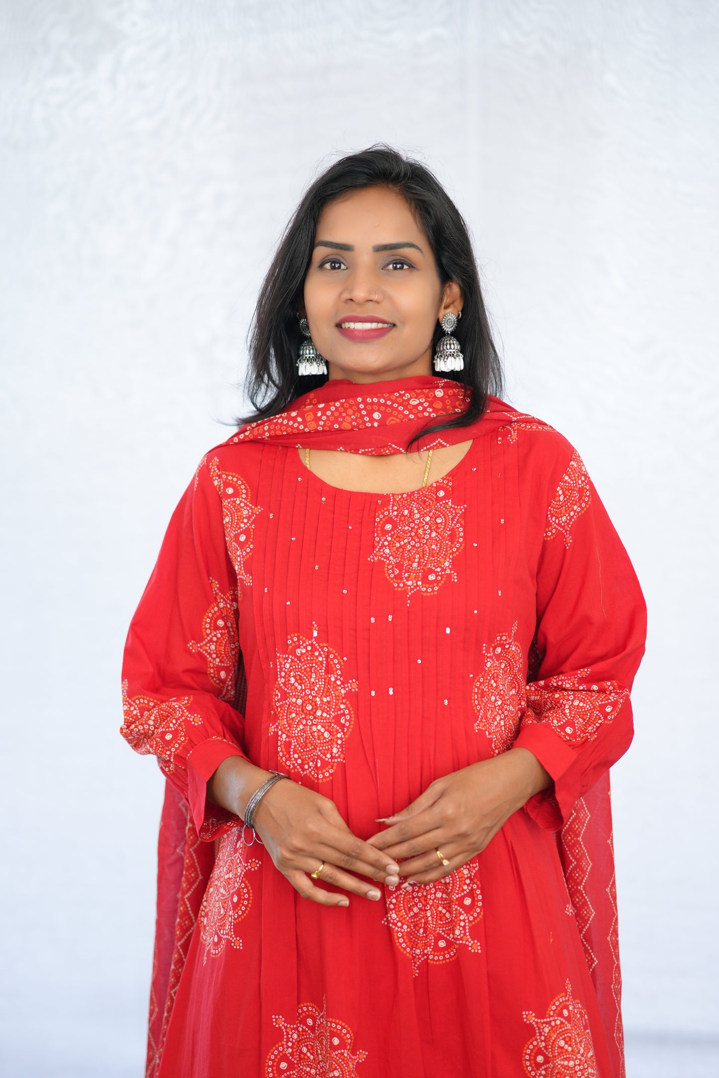 Red Color Mul Cotton 3 Piece Set With Bandhani Print and Complete Lining