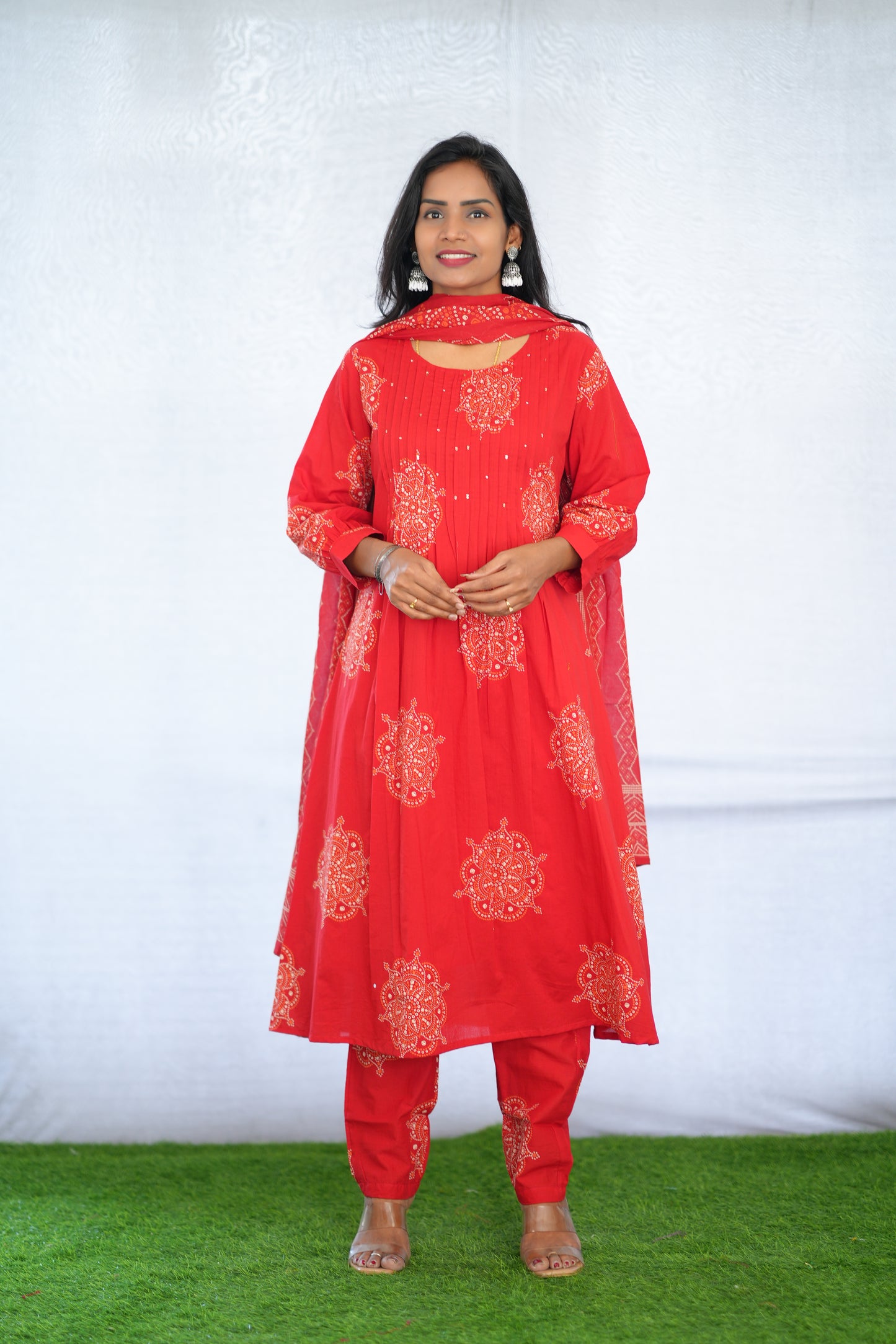 Red Color Mul Cotton 3 Piece Set With Bandhani Print and Complete Lining
