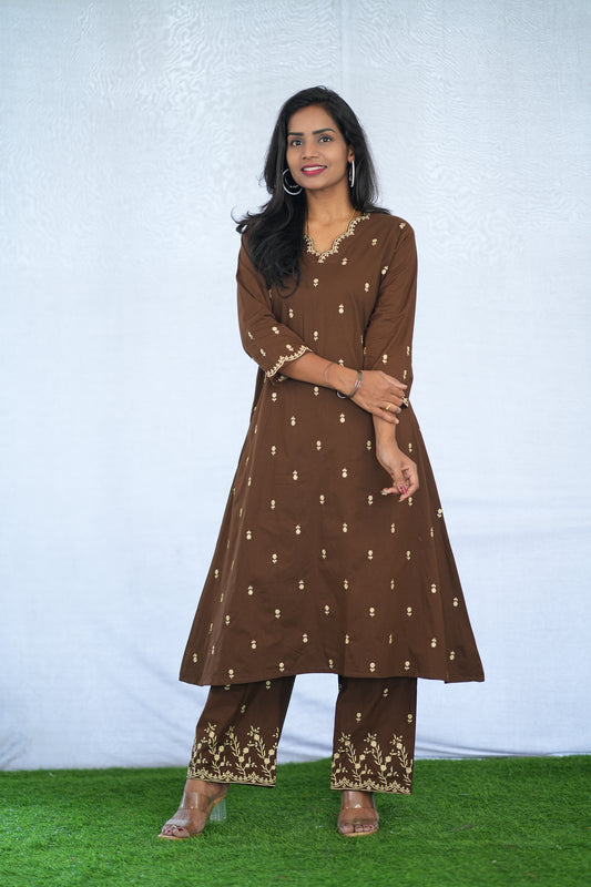 Brown Color Jaipur Cotton Cordset With Embroidery work