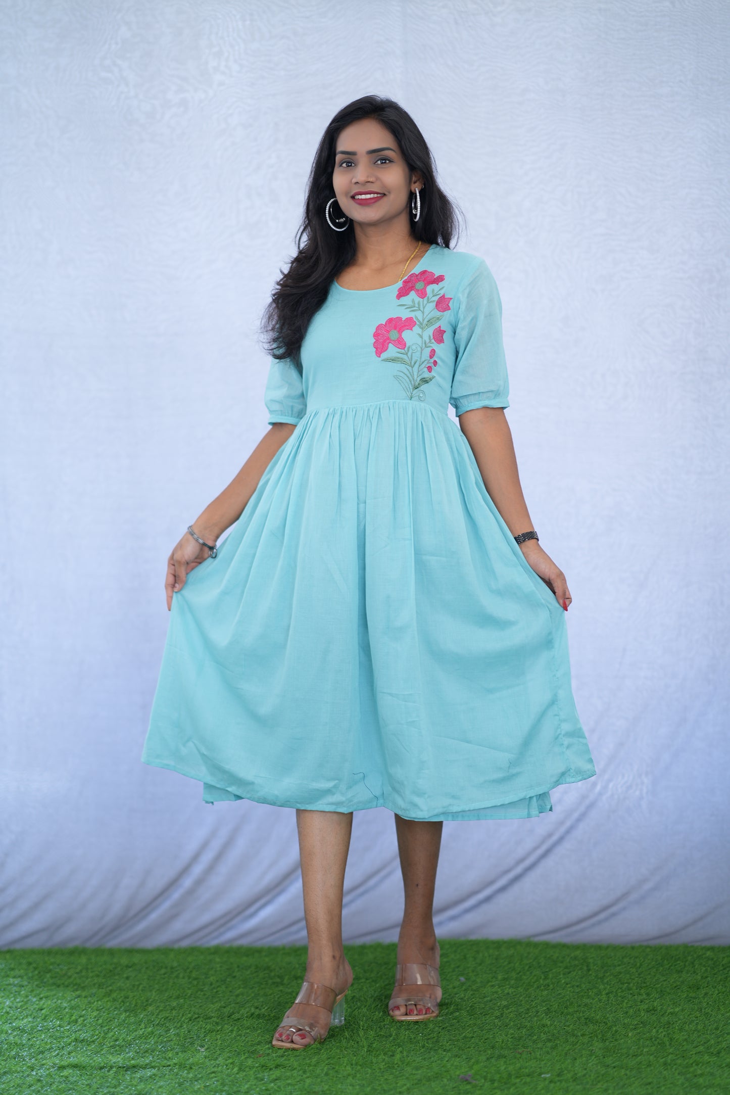 Sky Blue Color Mul Cotton Frock With Embroidery work and Complete Lining
