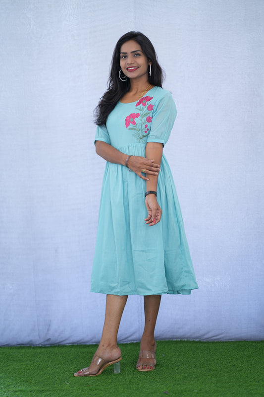 Sky Blue Color Mul Cotton Frock With Embroidery work and Complete Lining