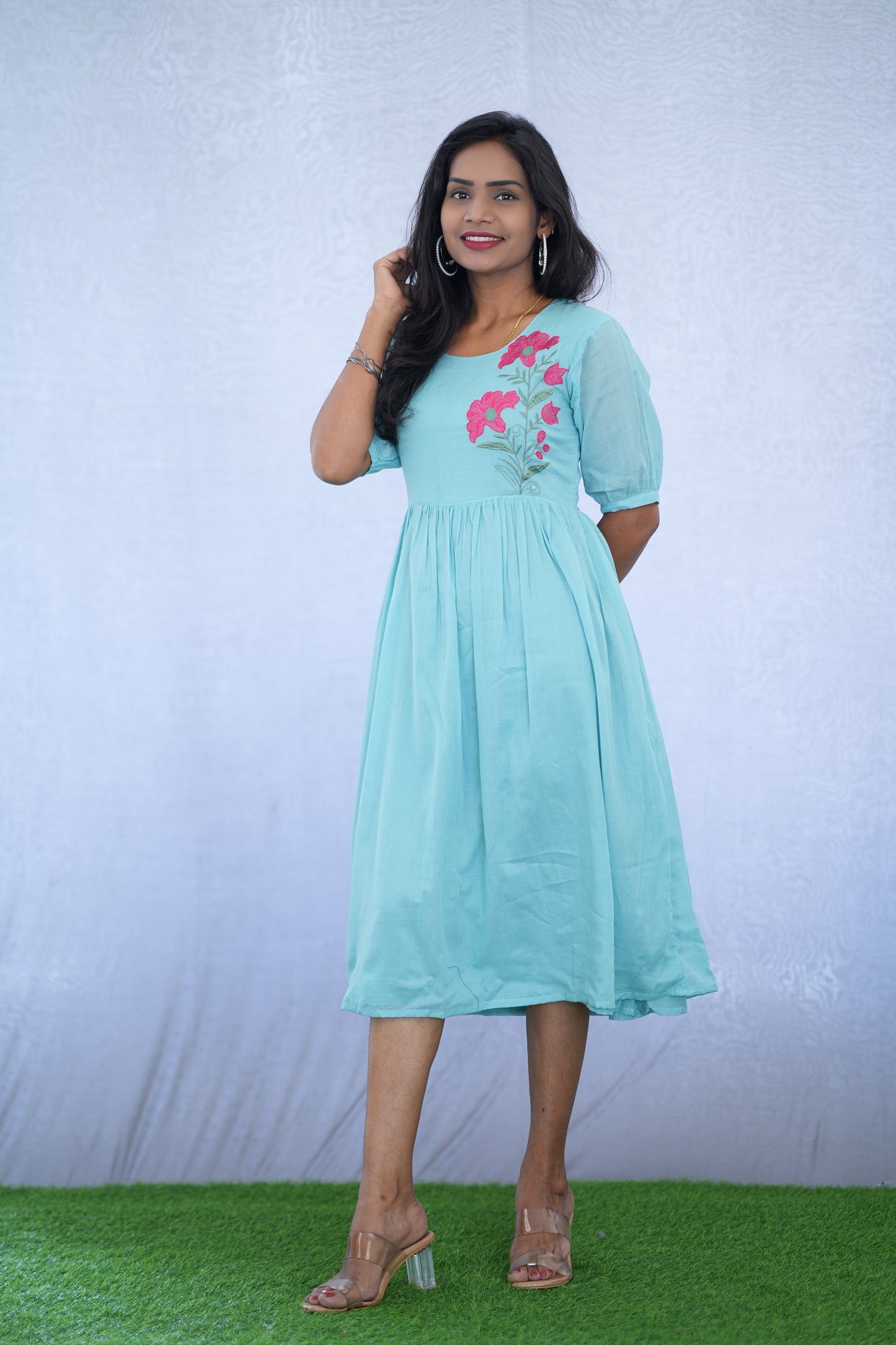 Sky Blue Color Mul Cotton Frock With Embroidery work and Complete Lining