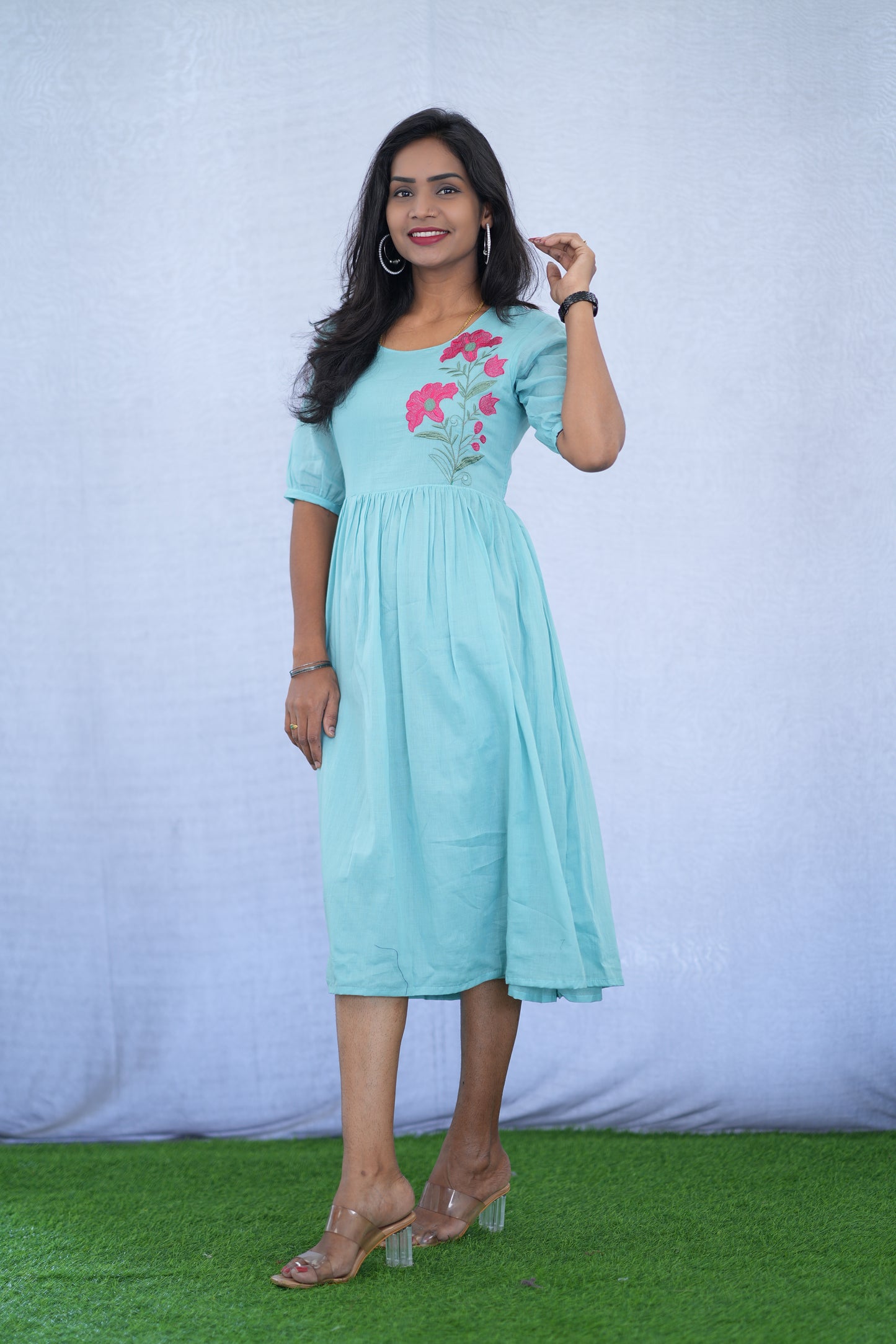 Sky Blue Color Mul Cotton Frock With Embroidery work and Complete Lining