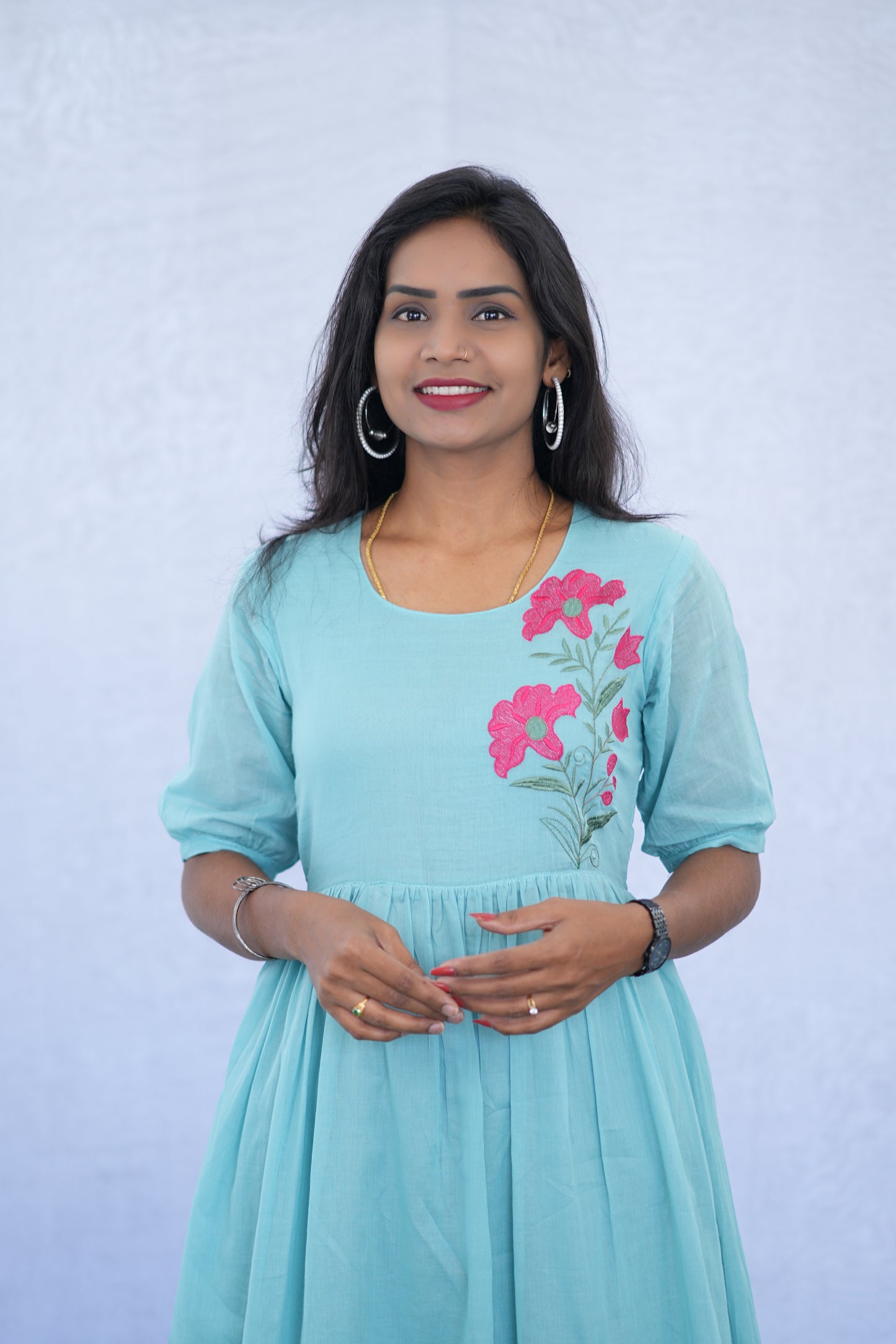 Sky Blue Color Mul Cotton Frock With Embroidery work and Complete Lining
