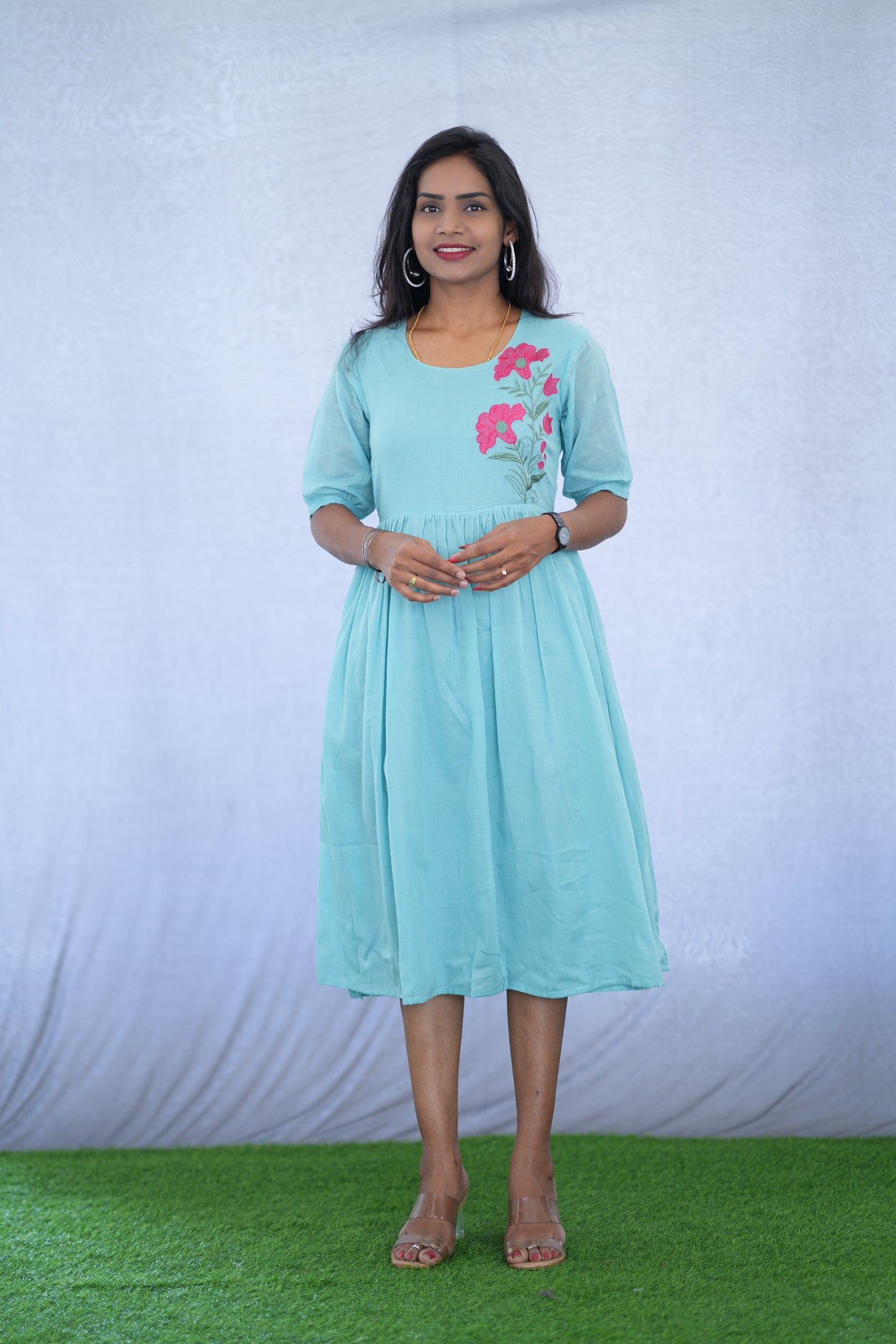 Sky Blue Color Mul Cotton Frock With Embroidery work and Complete Lining