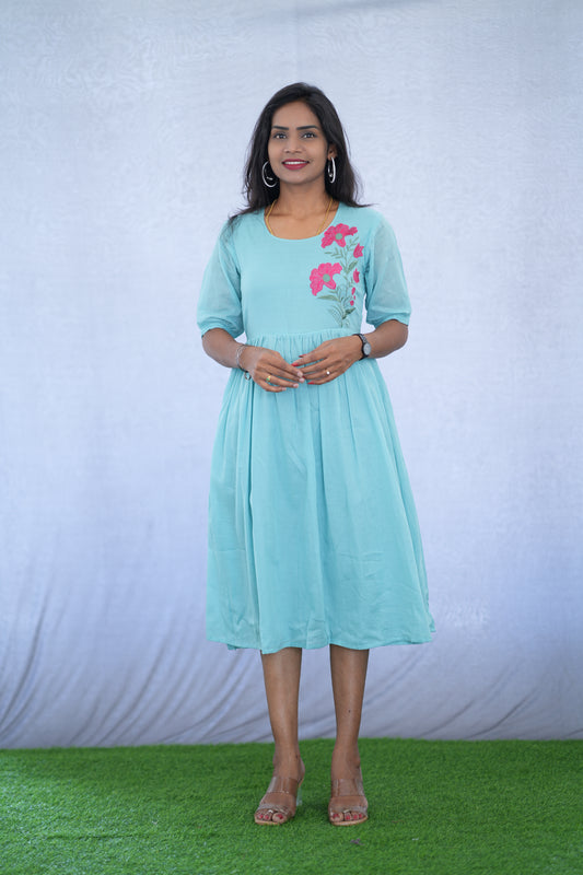 Sky Blue Color Mul Cotton Frock With Embroidery work and Complete Lining