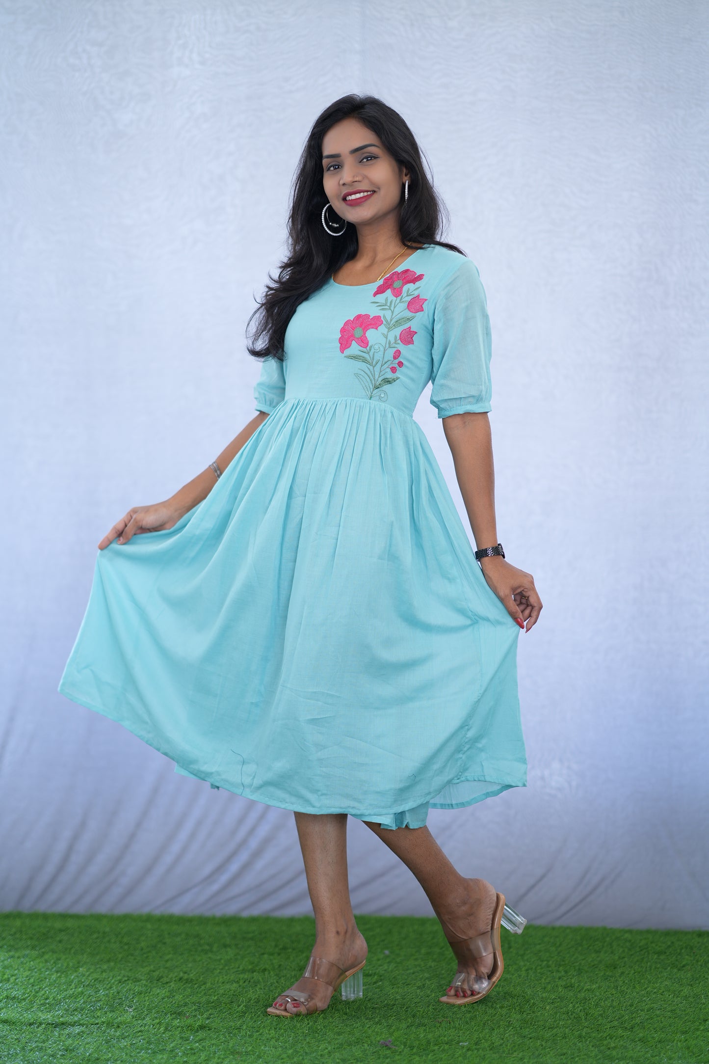 Sky Blue Color Mul Cotton Frock With Embroidery work and Complete Lining