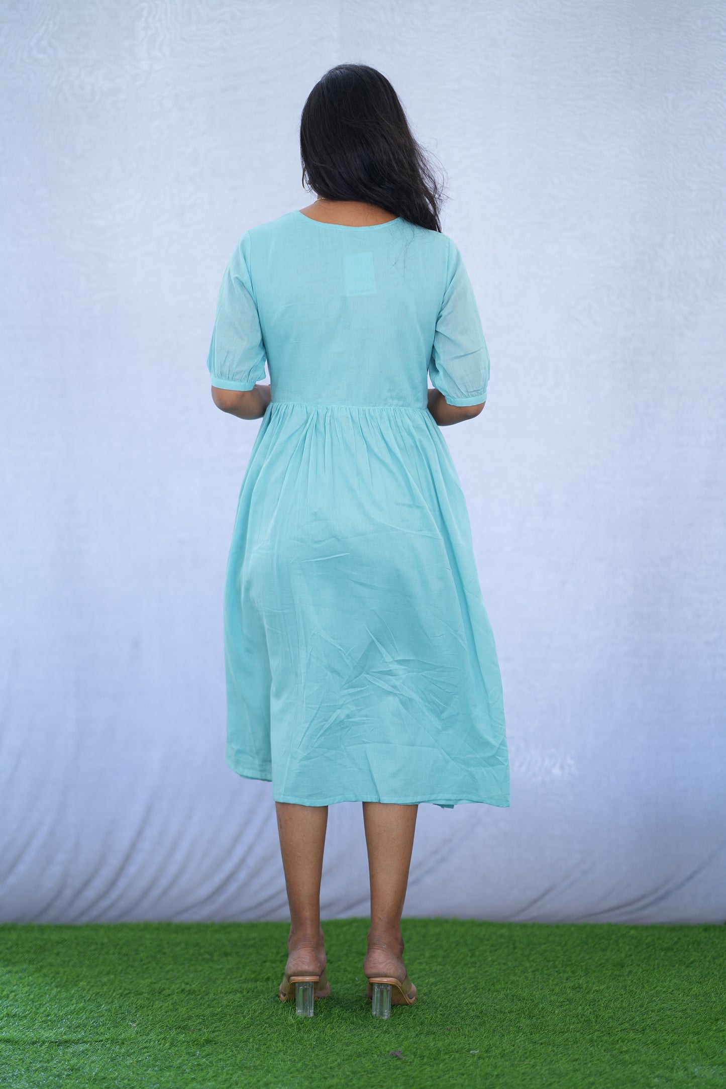 Sky Blue Color Mul Cotton Frock With Embroidery work and Complete Lining