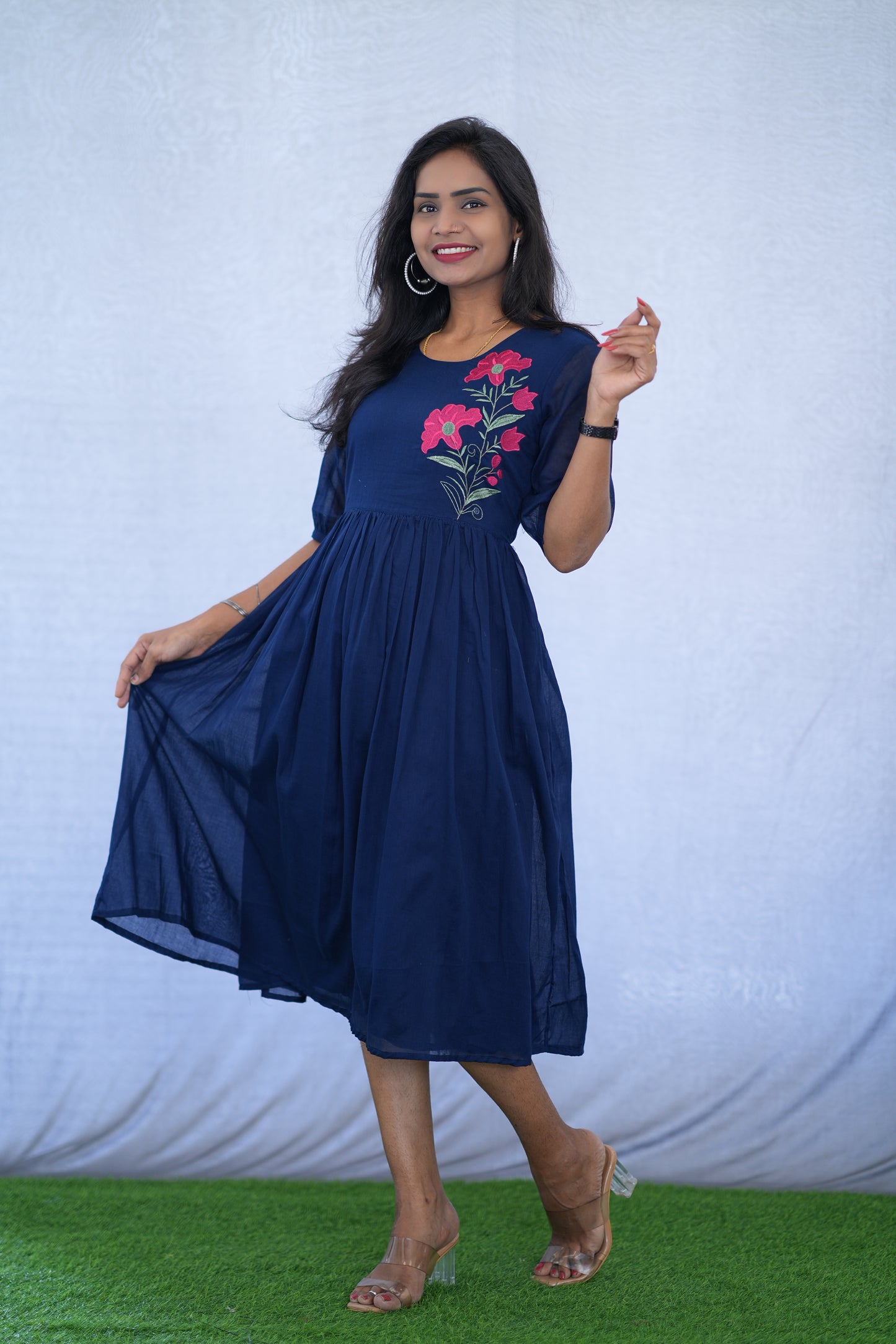 Blue Color Mul Cotton Frock With Embroidery work and Complete Lining