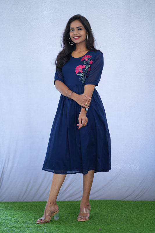 Blue Color Mul Cotton Frock With Embroidery work and Complete Lining