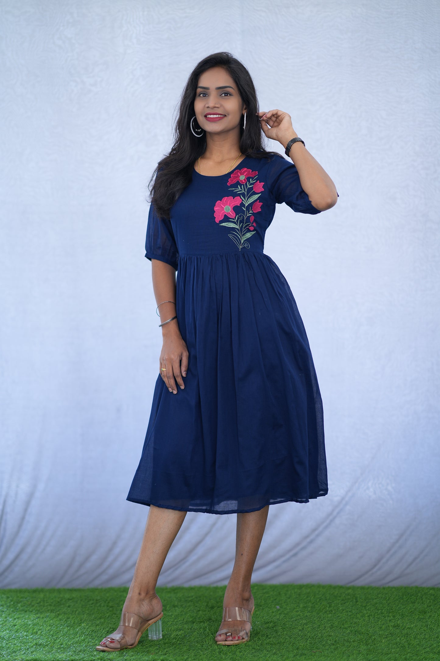 Blue Color Mul Cotton Frock With Embroidery work and Complete Lining