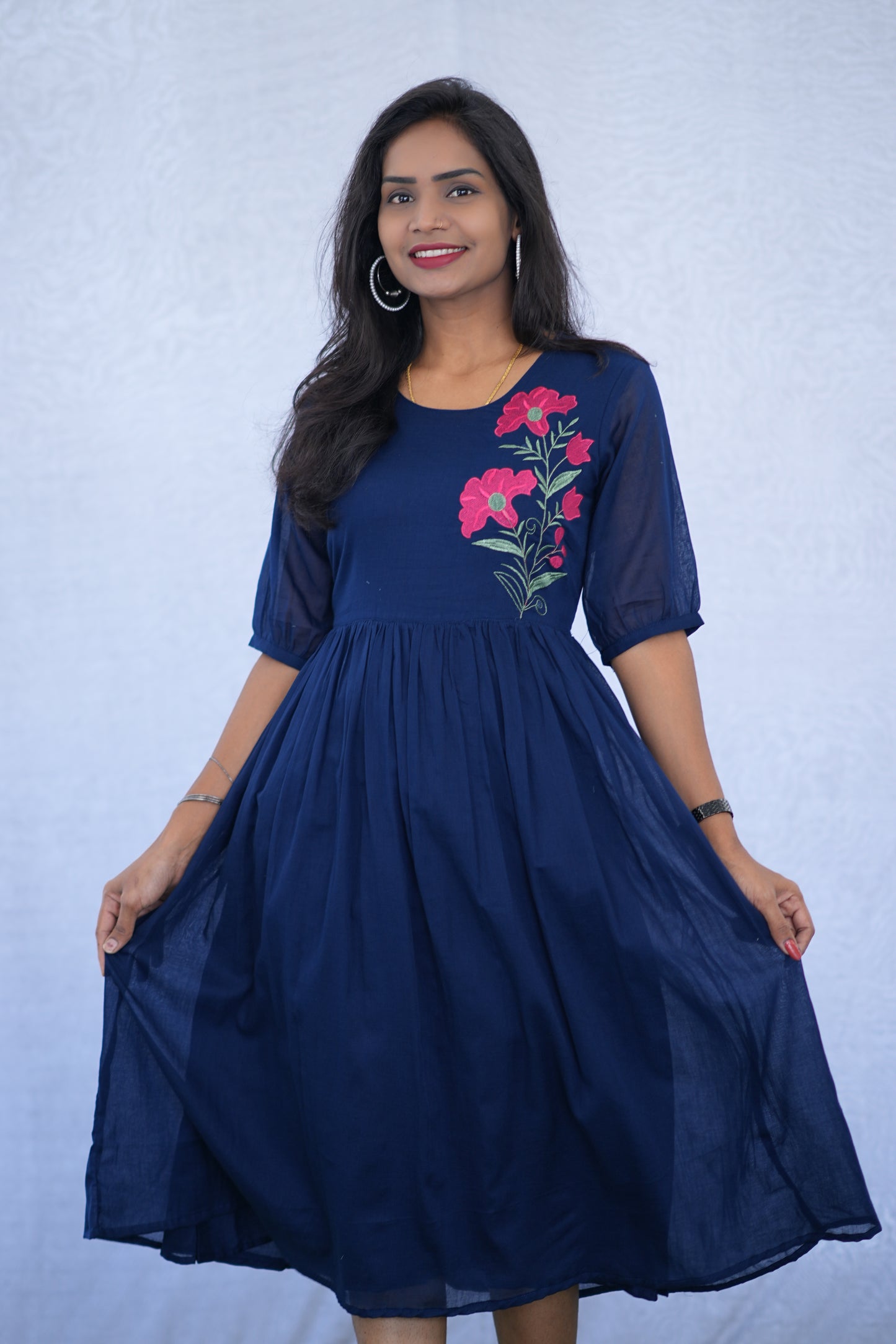 Blue Color Mul Cotton Frock With Embroidery work and Complete Lining