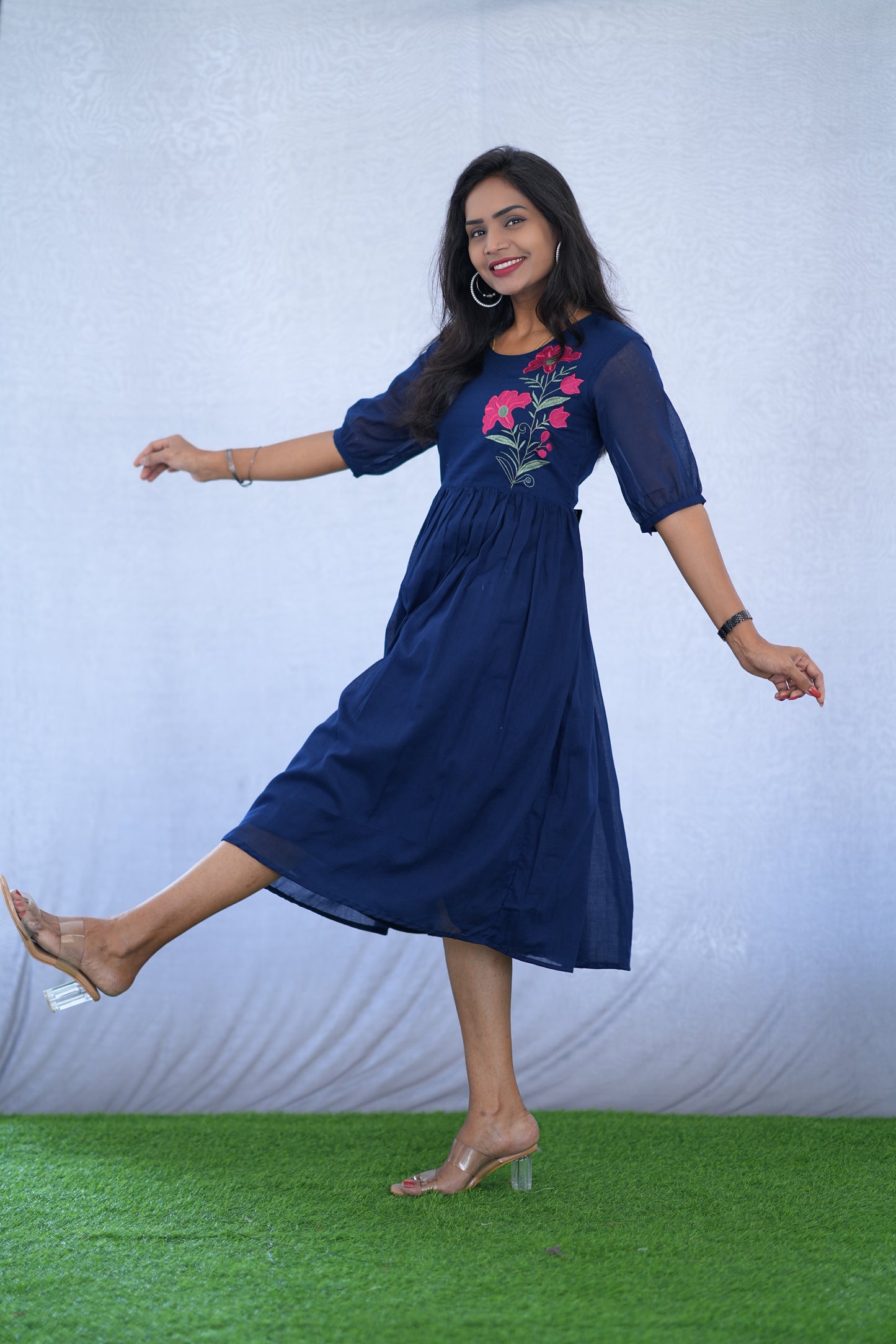Blue Color Mul Cotton Frock With Embroidery work and Complete Lining