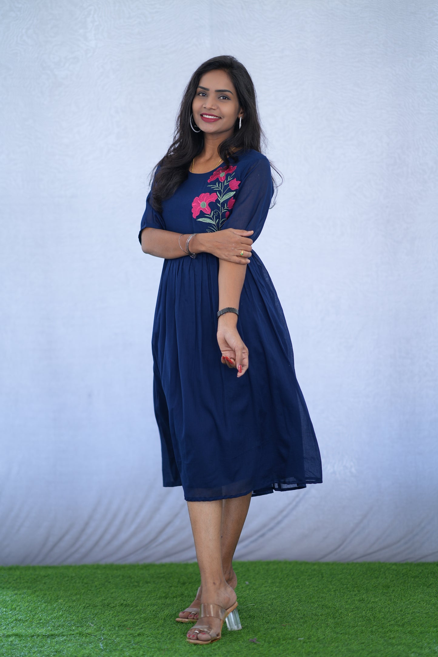 Blue Color Mul Cotton Frock With Embroidery work and Complete Lining
