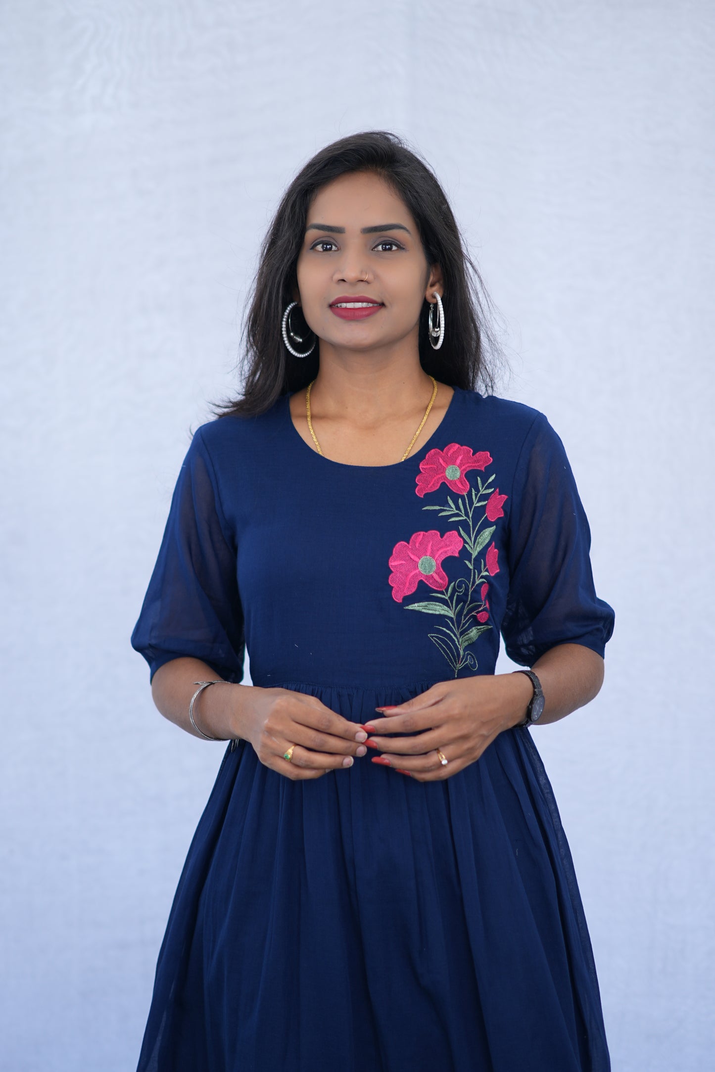 Blue Color Mul Cotton Frock With Embroidery work and Complete Lining