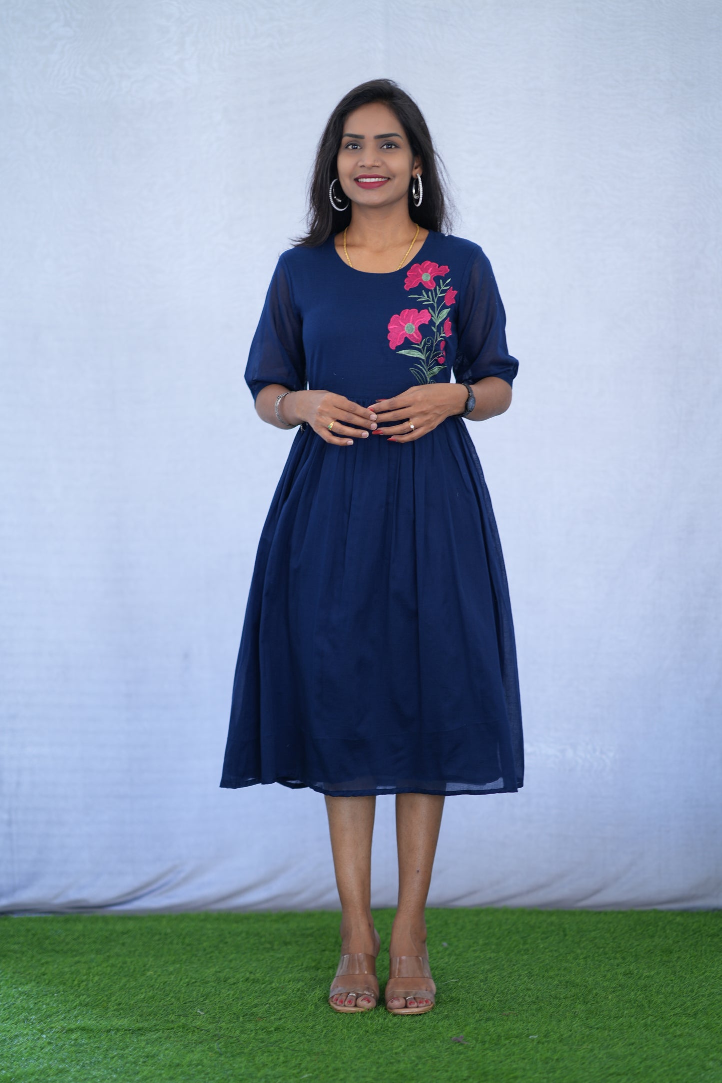 Blue Color Mul Cotton Frock With Embroidery work and Complete Lining