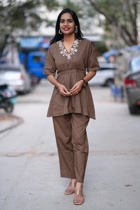 Brown Color Jaipur Cotton Cordset With Thread Embriodary Work