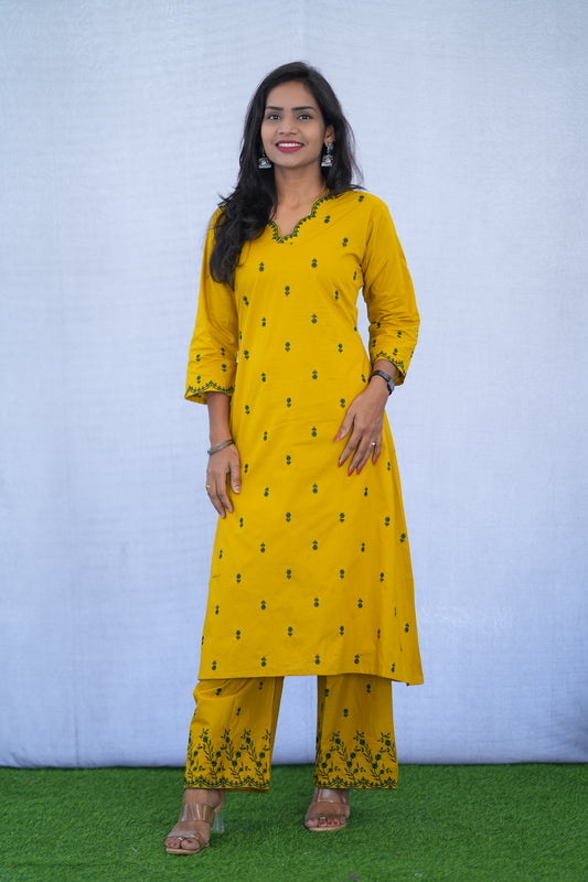 Yellow Color Jaipur Cotton Cordset With Embroidery work