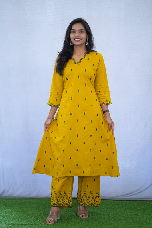 Yellow Color Jaipur Cotton Cordset With Embroidery work