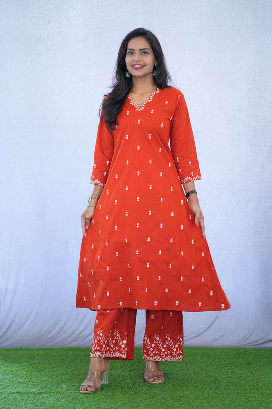Red Color Jaipur Cotton Cordset With Embroidery work