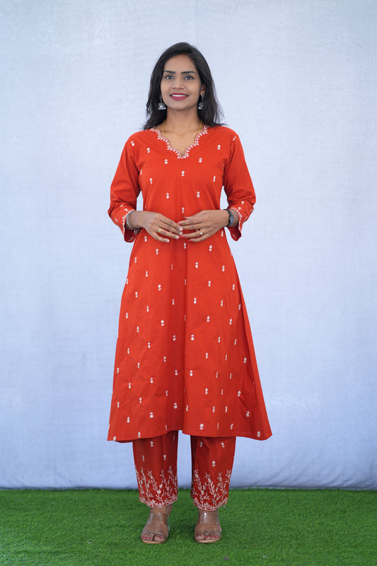 Red Color Jaipur Cotton Cordset With Embroidery work