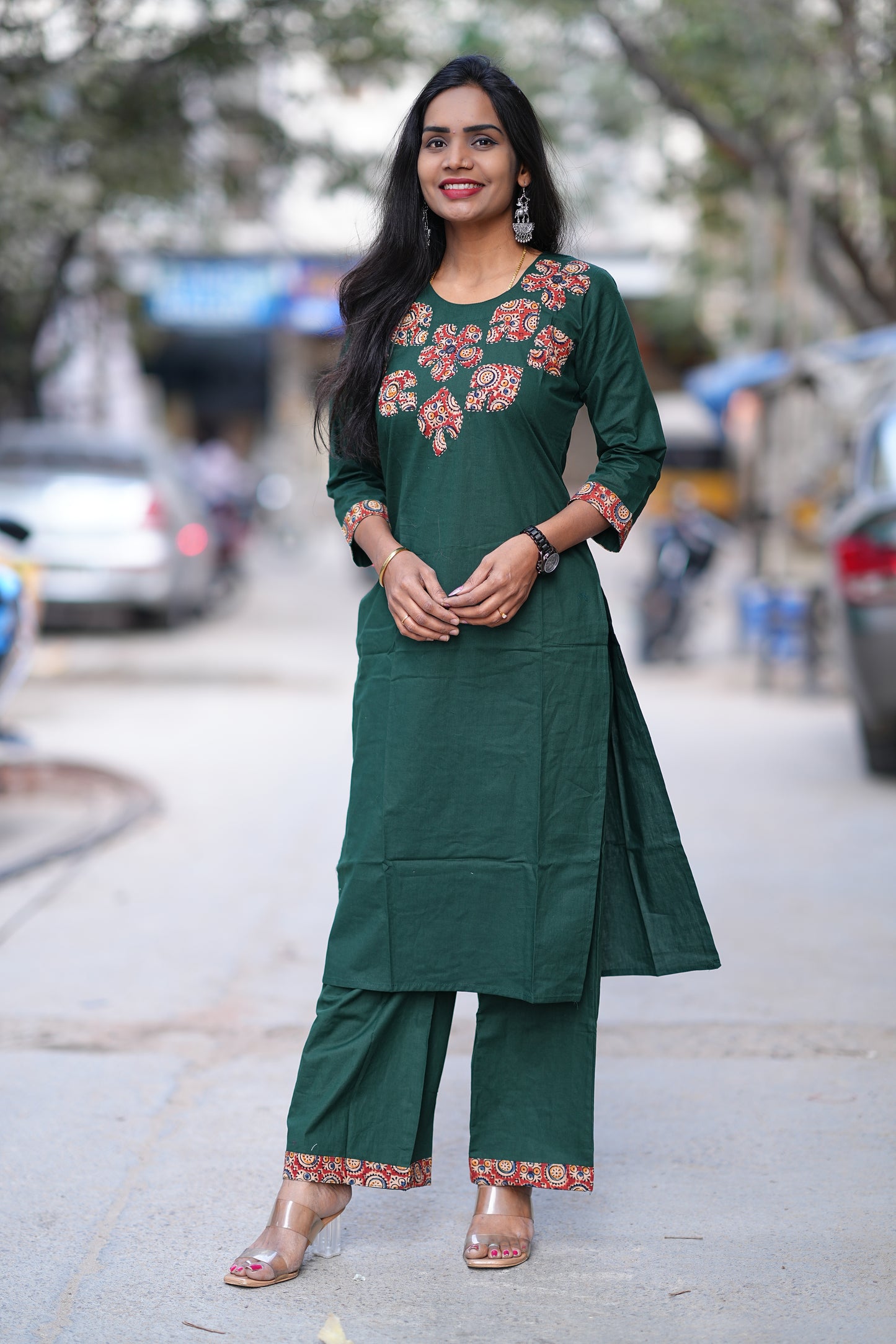 Bottle Green Jaipur Cotton Cordset With Kalamkari Applique Work