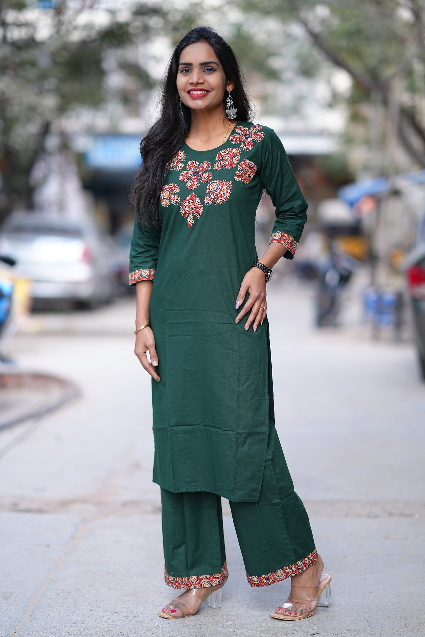 Bottle Green Jaipur Cotton Cordset With Kalamkari Applique Work