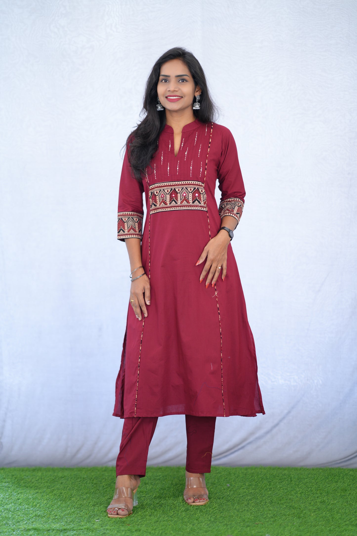 Maroon Color Stylish Office Wear Cord Set With Ajrakh Patch
