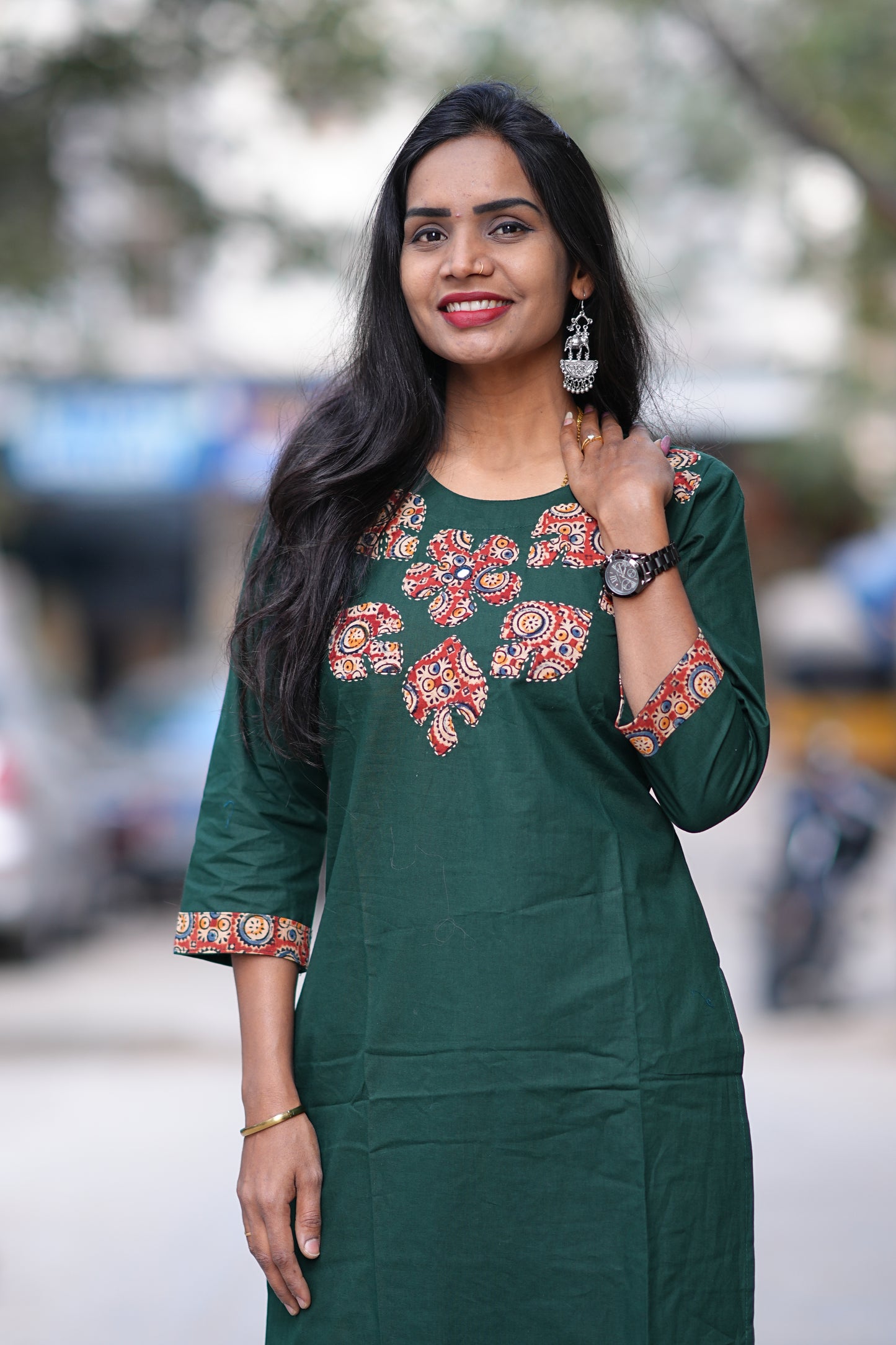 Bottle Green Jaipur Cotton Cordset With Kalamkari Applique Work