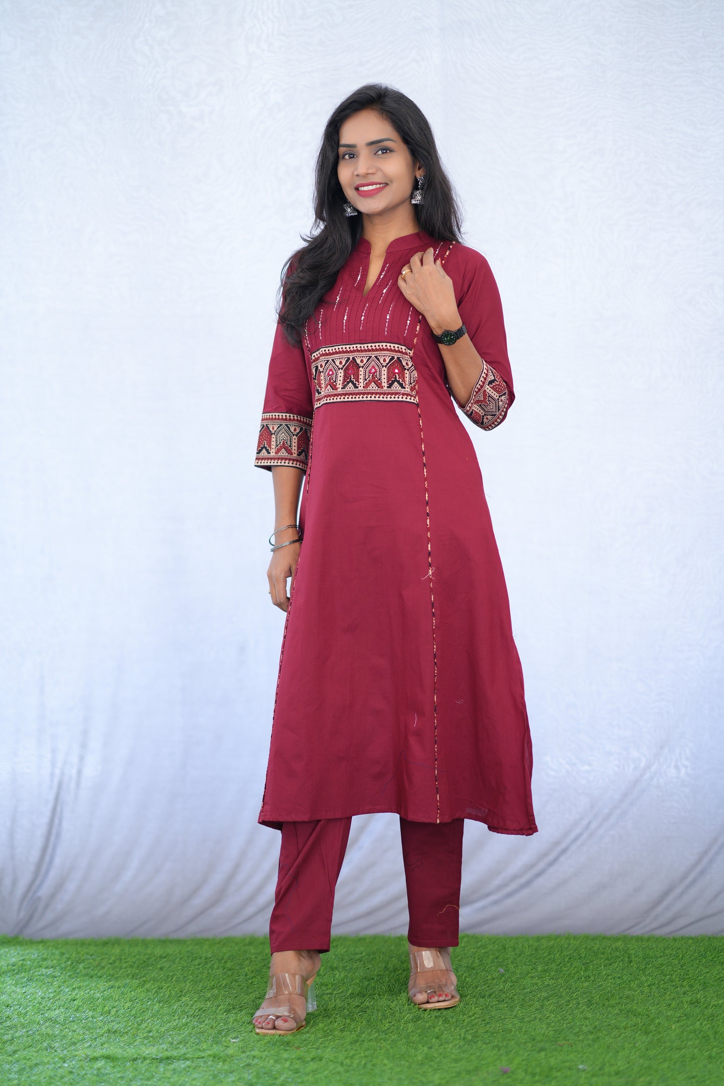 Maroon Color Stylish Office Wear Cord Set With Ajrakh Patch